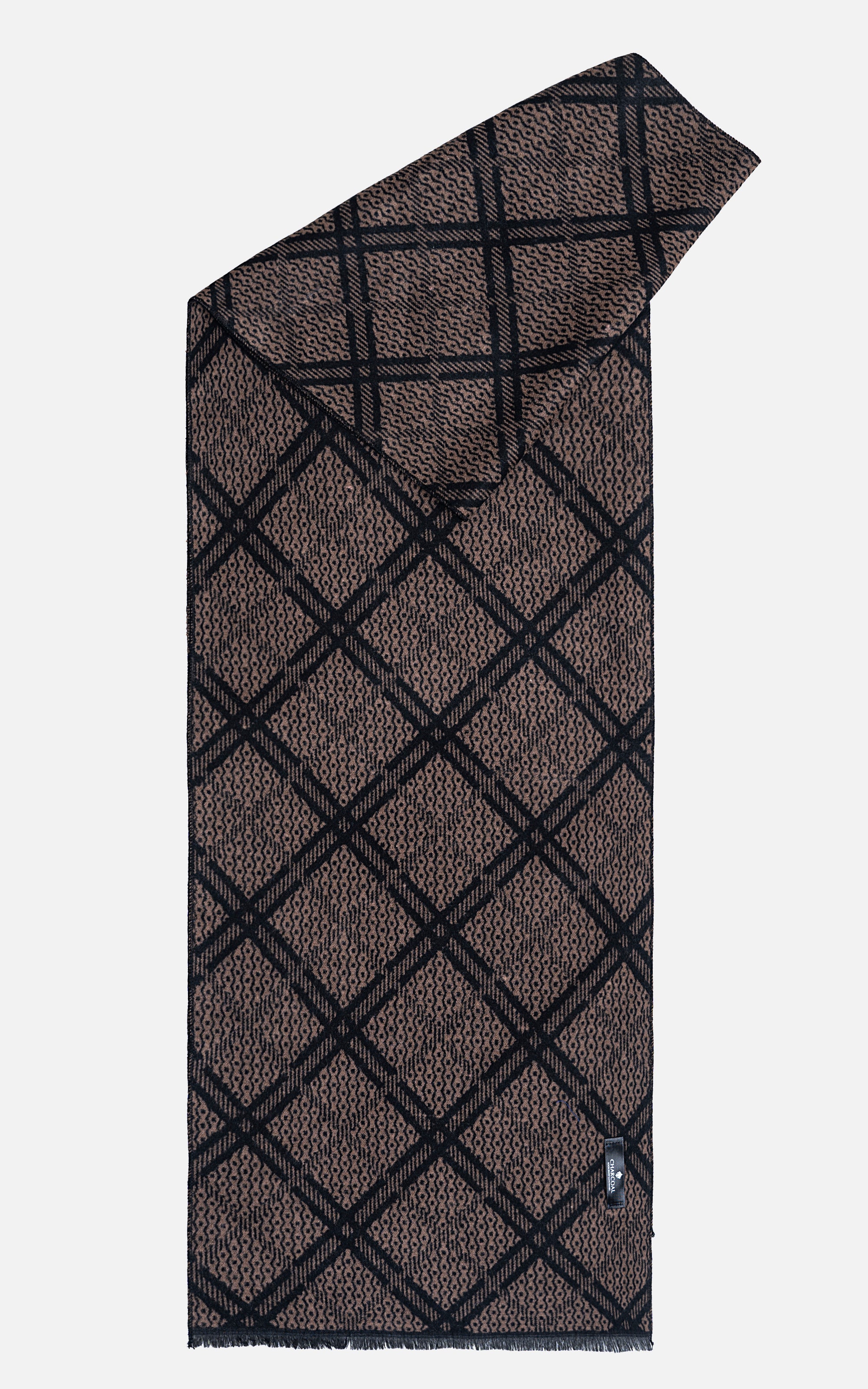 Brown scarf with diagonal plaid grid, folded styling, and fringed hem