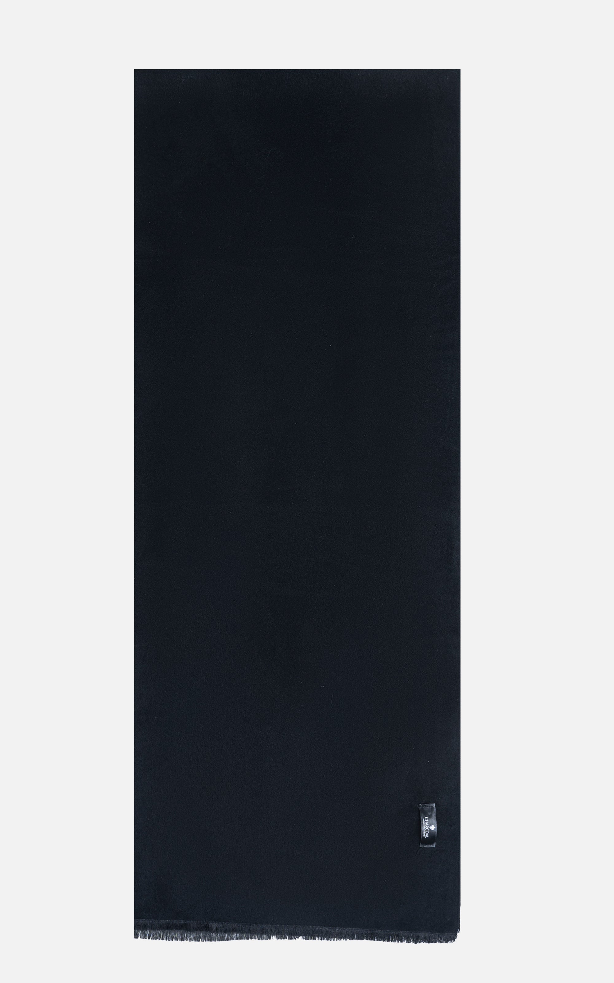 Dark scarf with fringed edge and small logo tag at one corner
