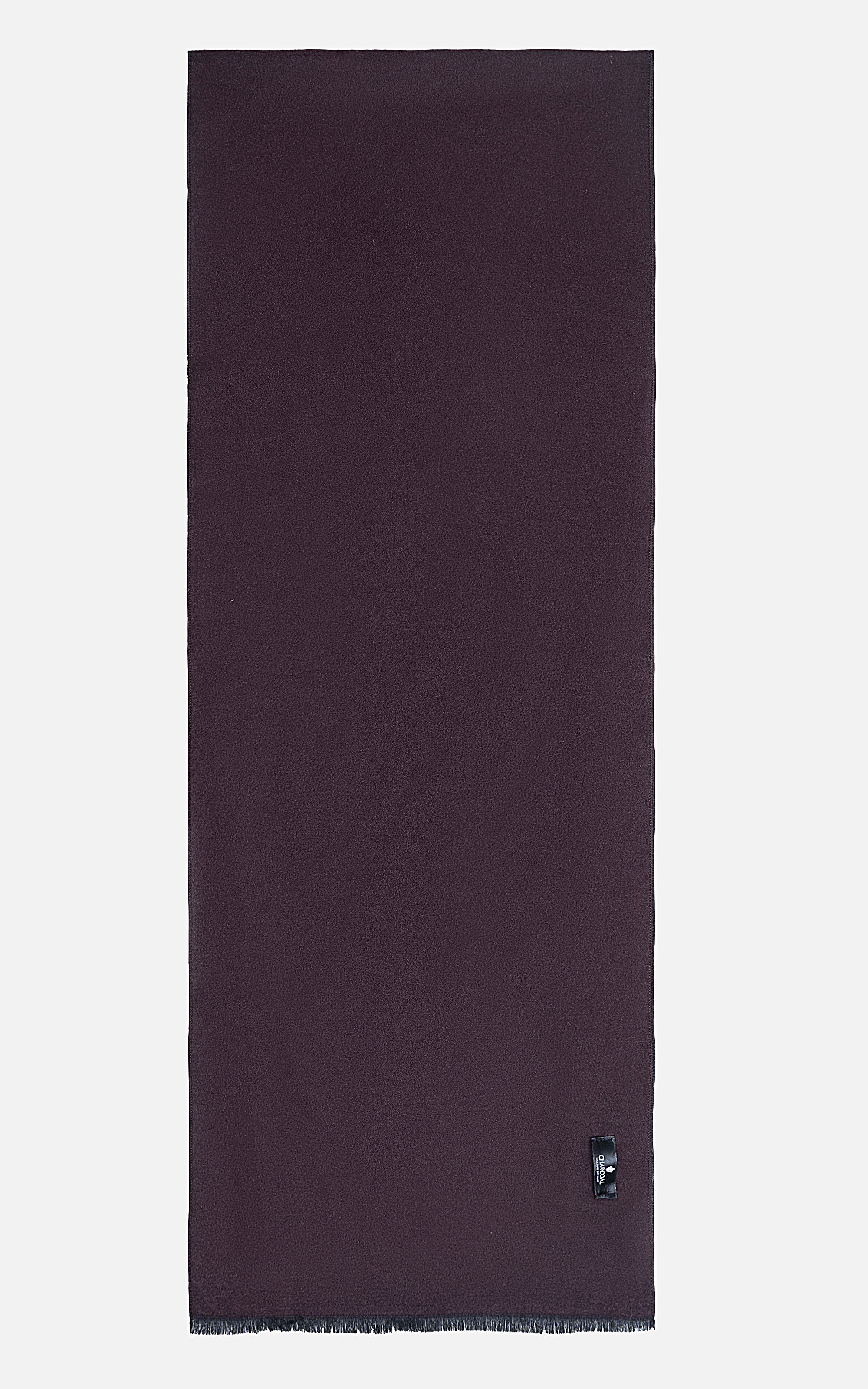 Dark maroon scarf, long rectangular knit with short fringed edge and small brand tag.