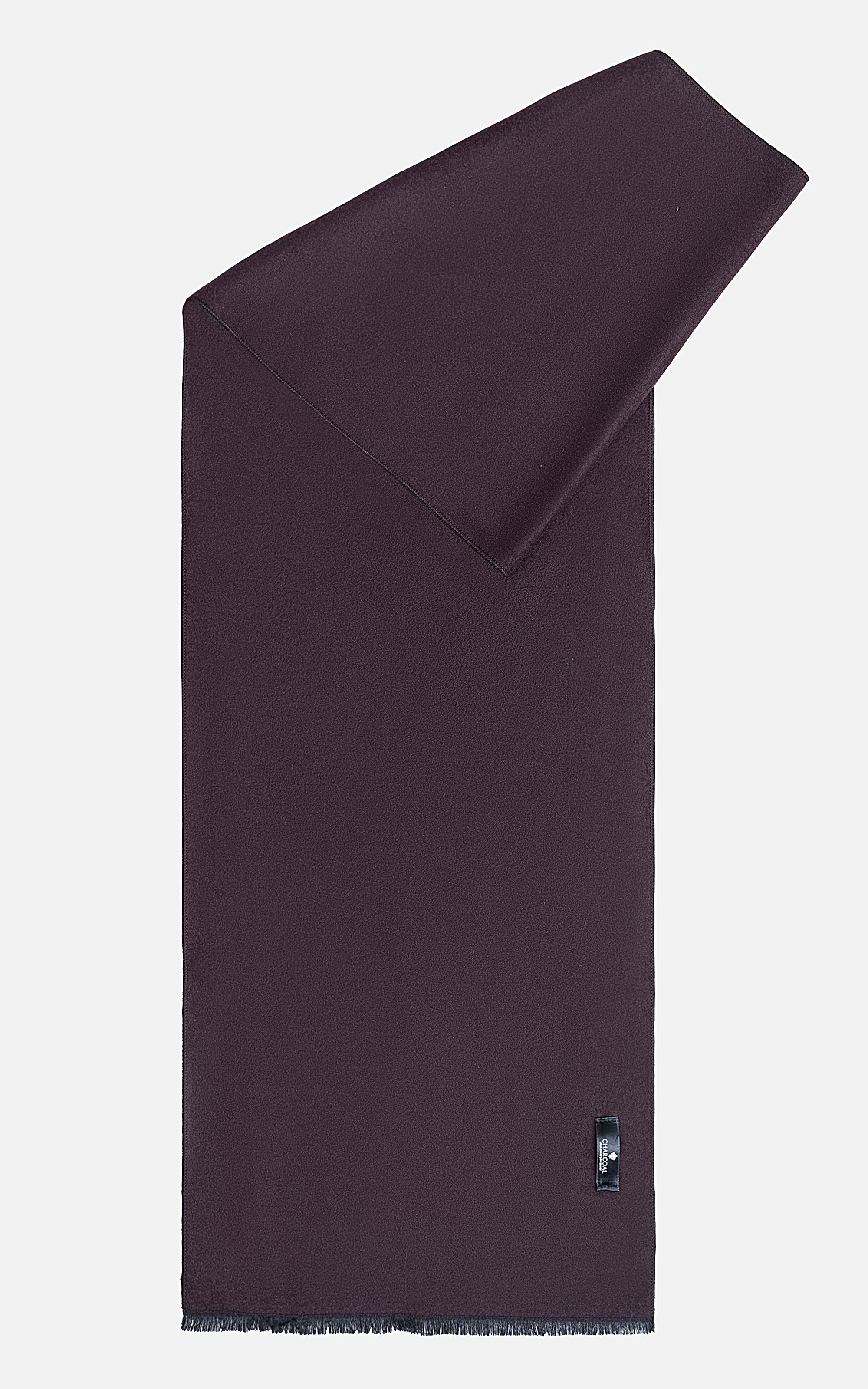 Dark maroon scarf with folded V shape and short fringed hem; small brand tag on edge.