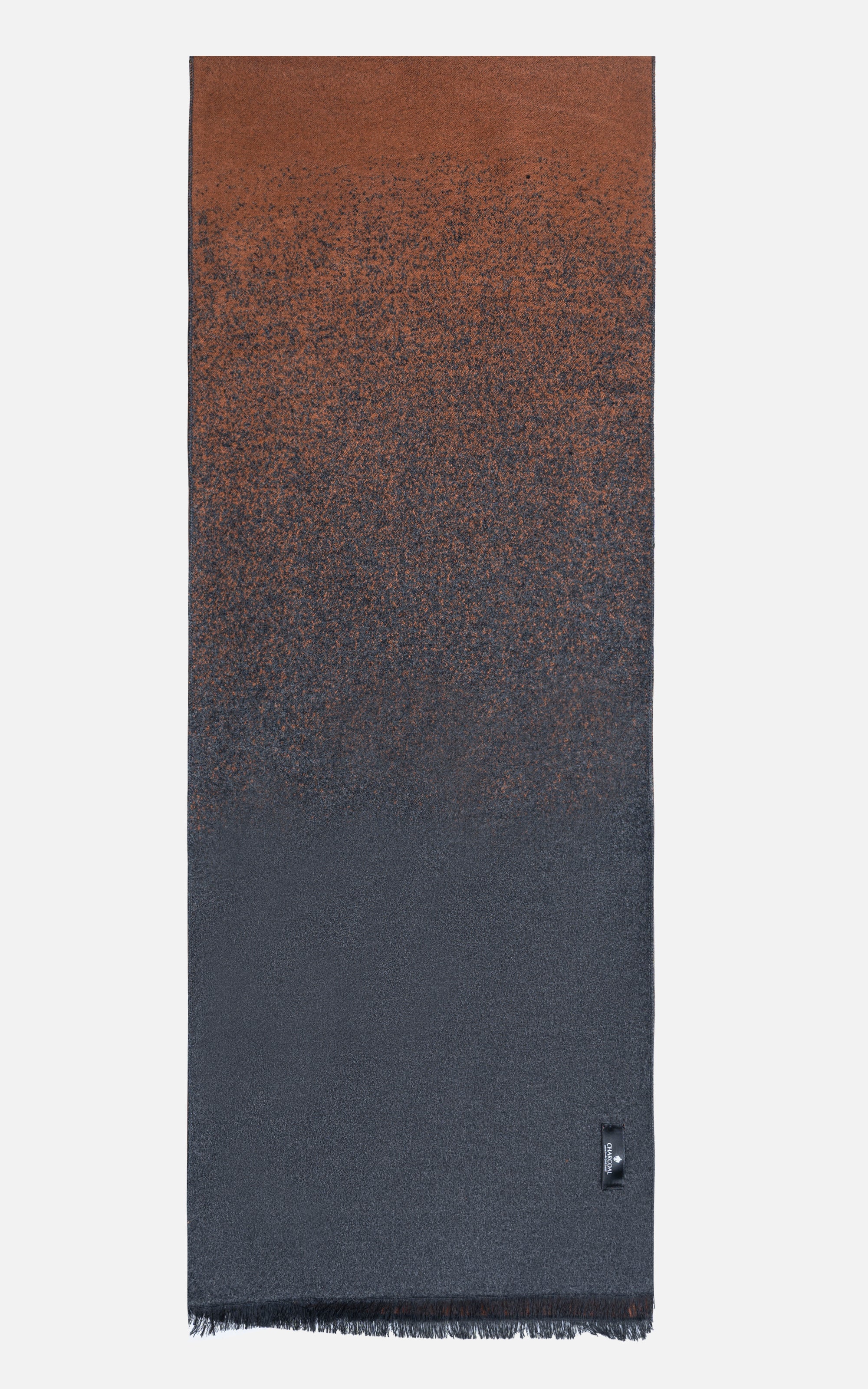 Dark charcoal and rust-brown scarf with textured weave and fringed edge