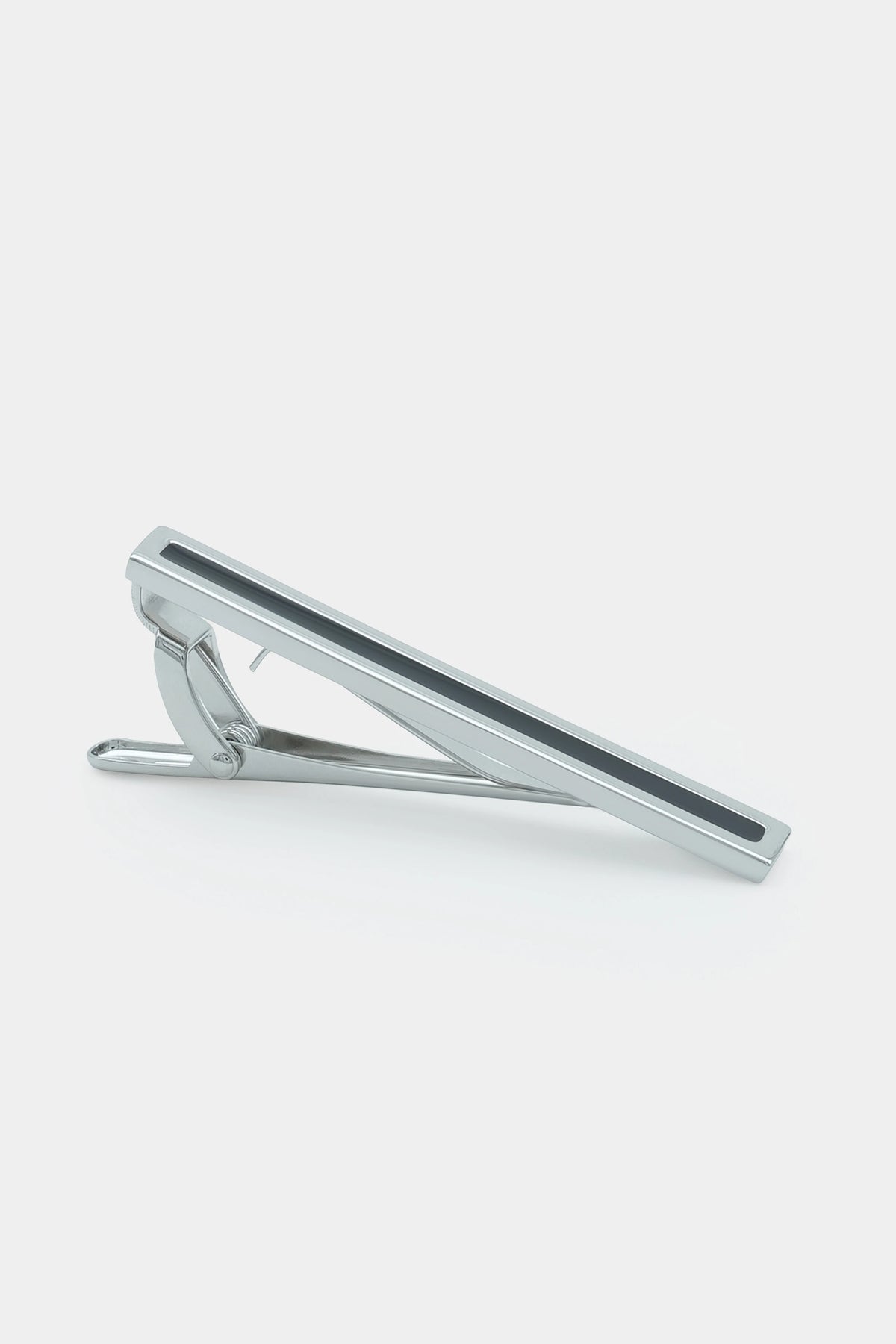 Silver tie pin with hinged clasp, angled view