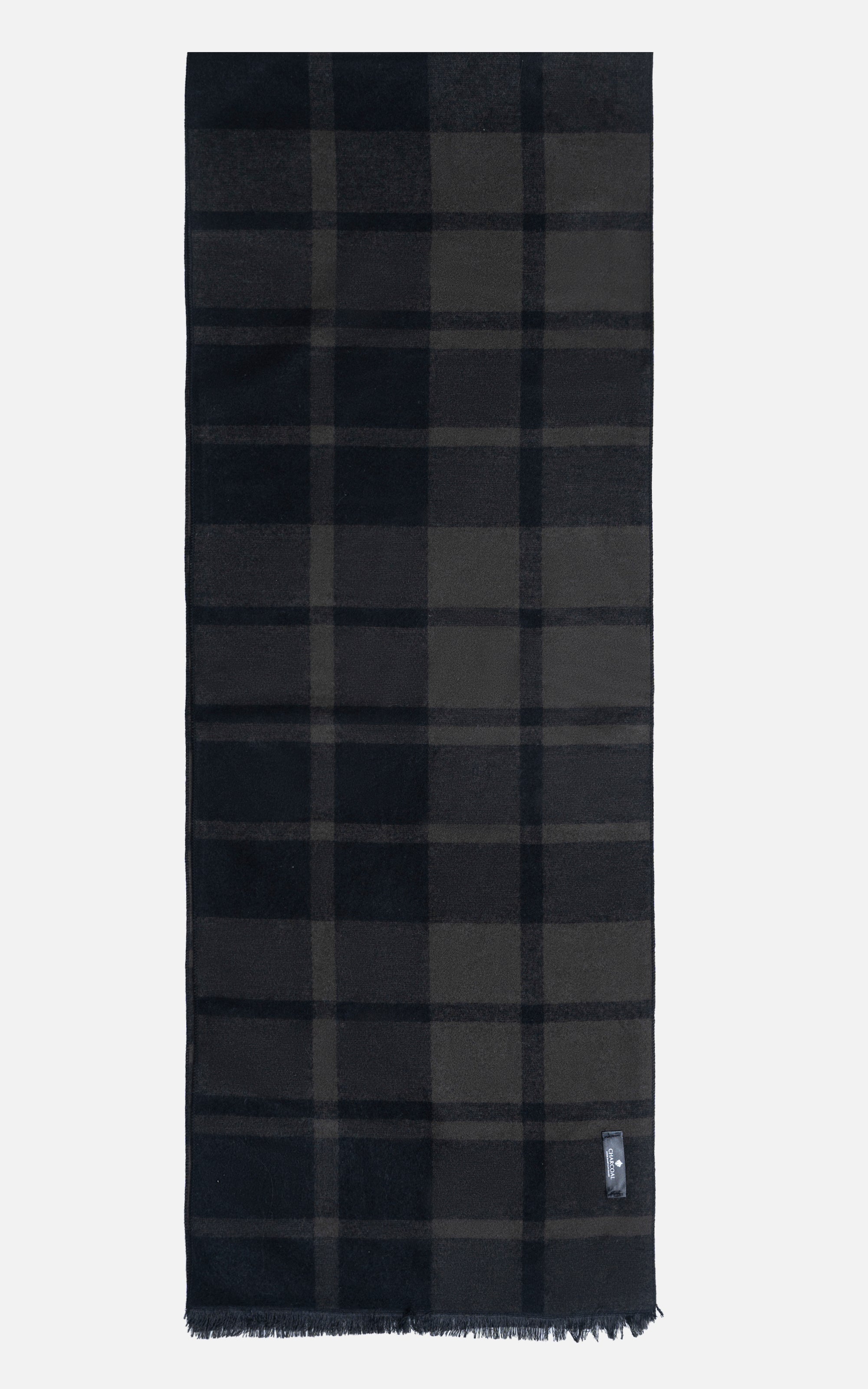 Dark navy and gray plaid scarf with fringed edges