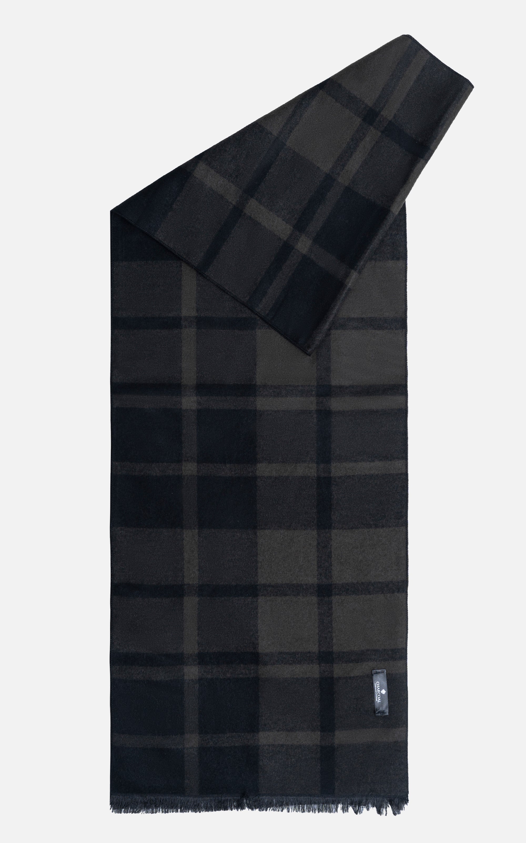 Navy plaid scarf with folded end and fringed hem