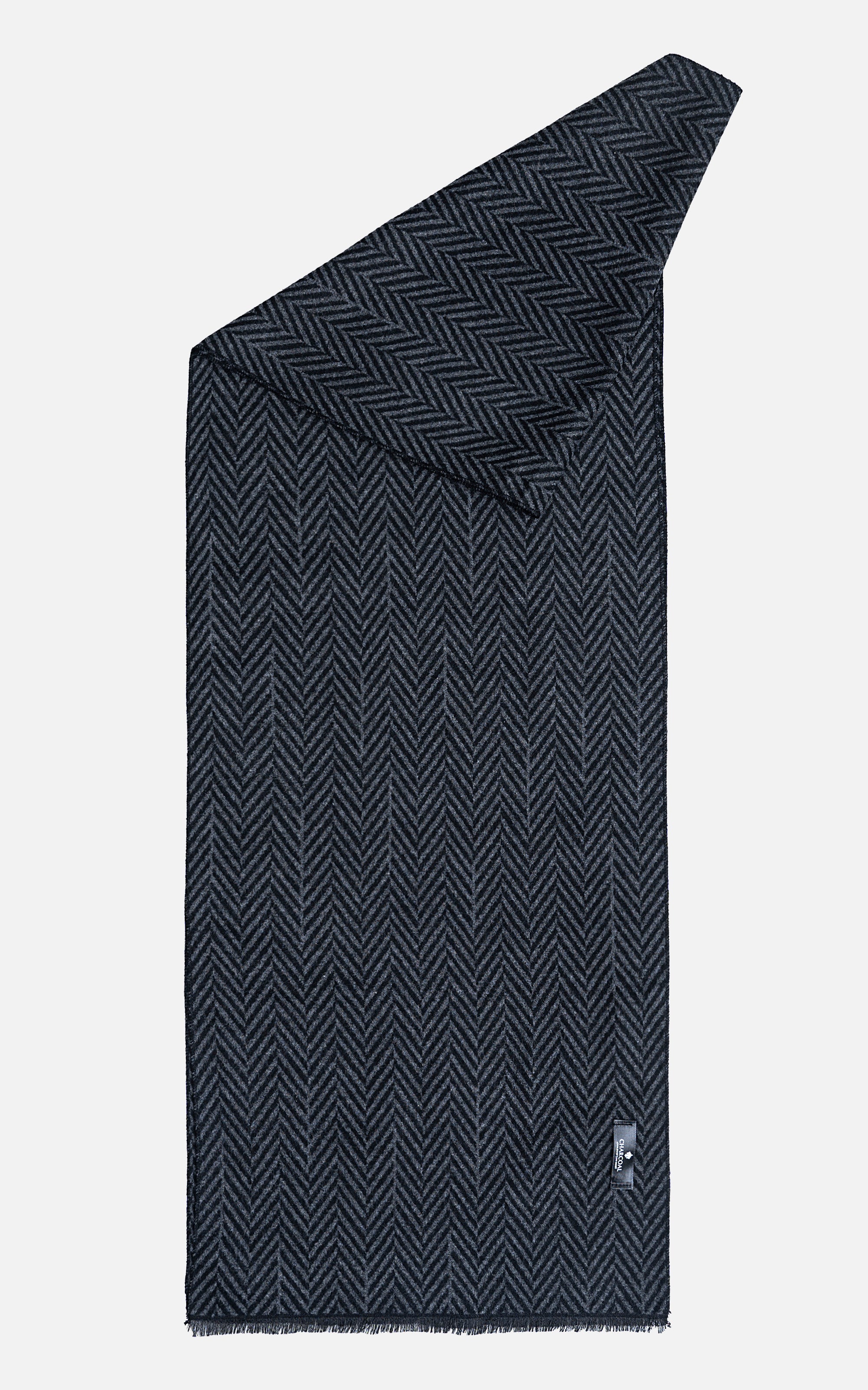 Dark herringbone scarf with frayed ends and folded corner view