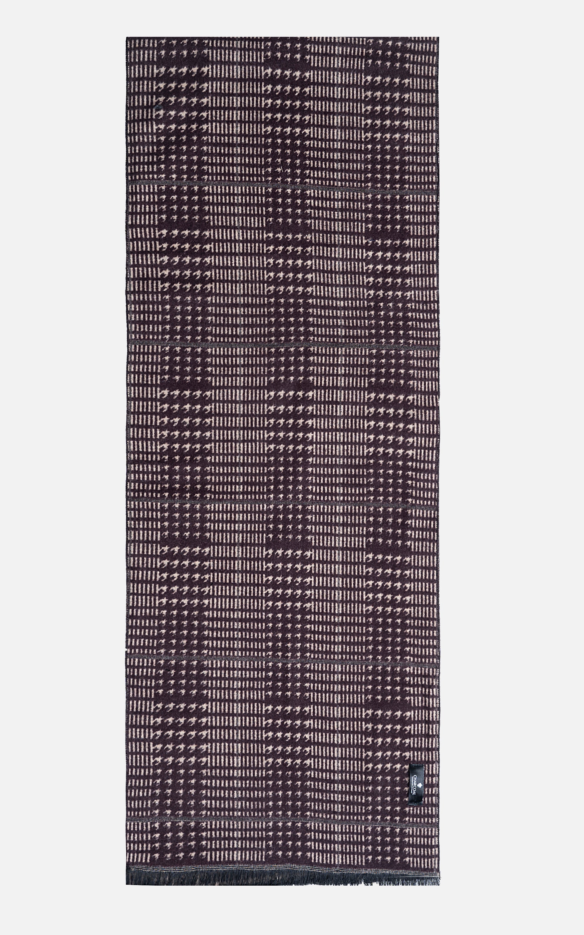 Dark patterned scarf with small check grid and tassel fringe ends