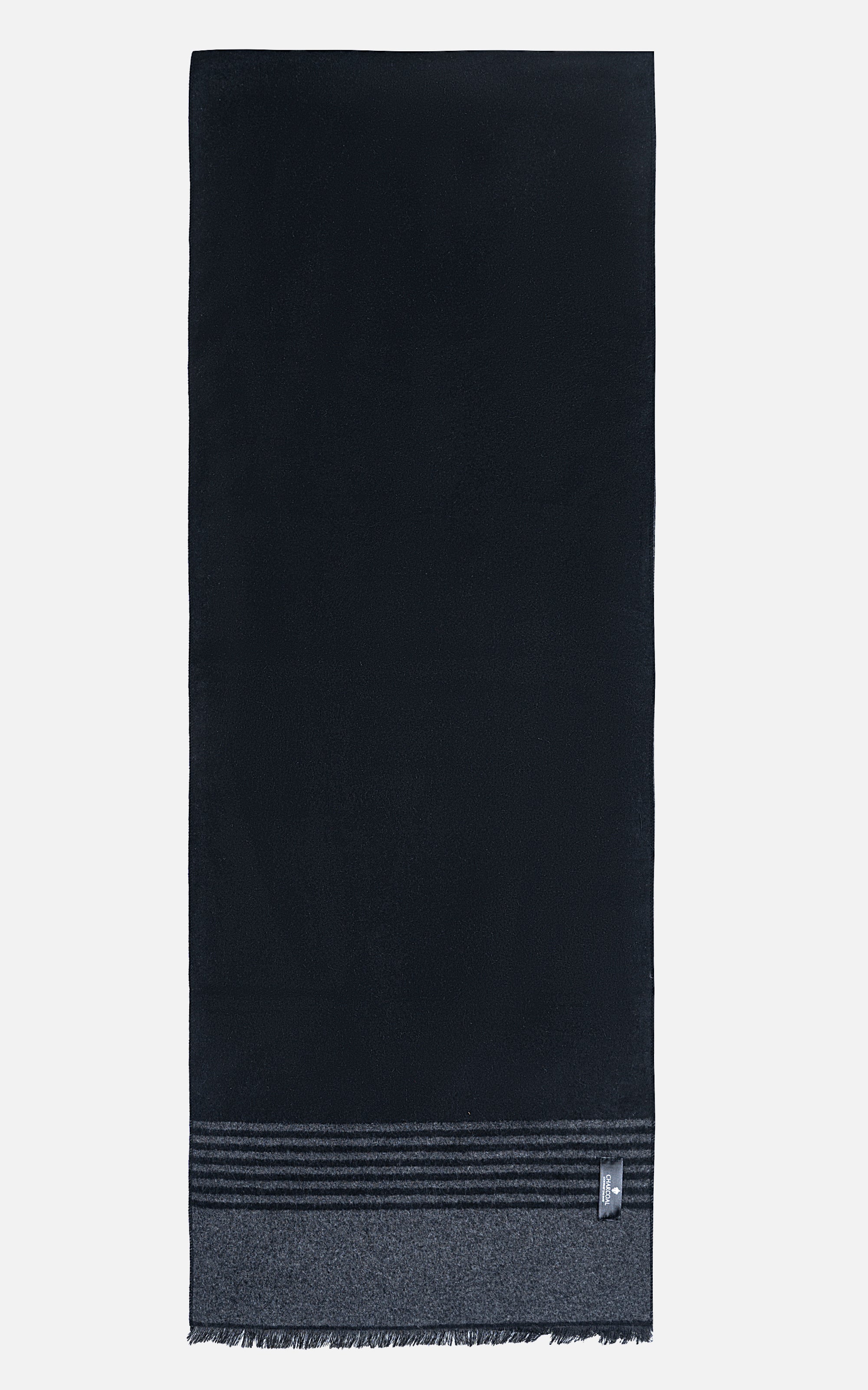 Navy scarf with gray striped hem and fringed ends