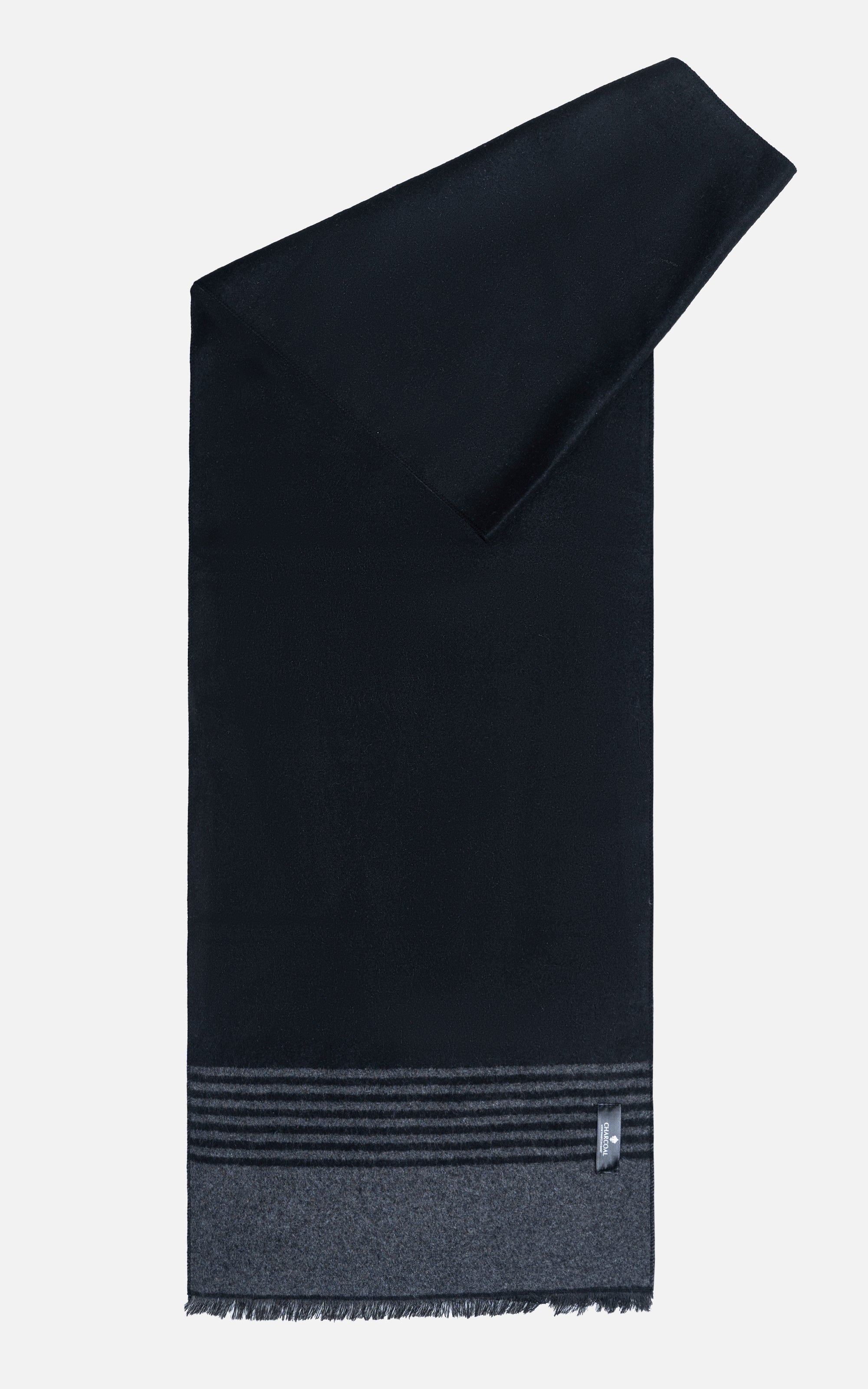 Navy scarf with gray striped border, fringed edge, and brand tag