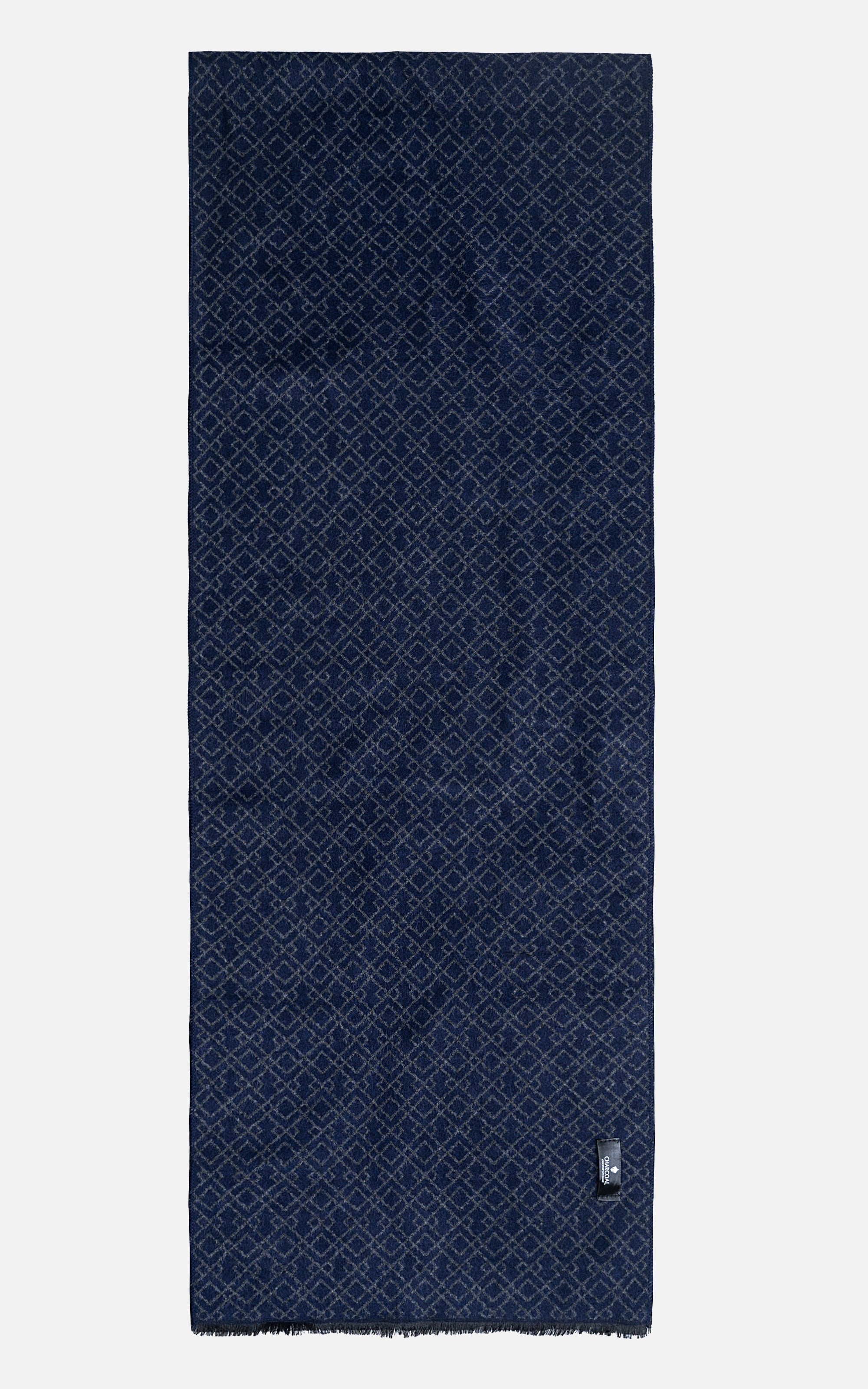 Blue patterned scarf with geometric texture and small hanging logo tag