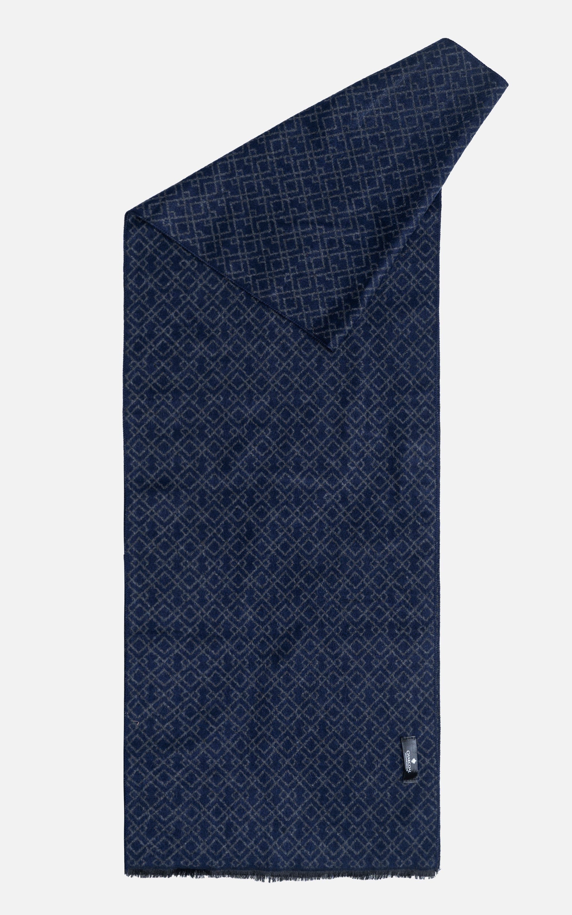 Navy geometric scarf with neat hem and small metal logo tag