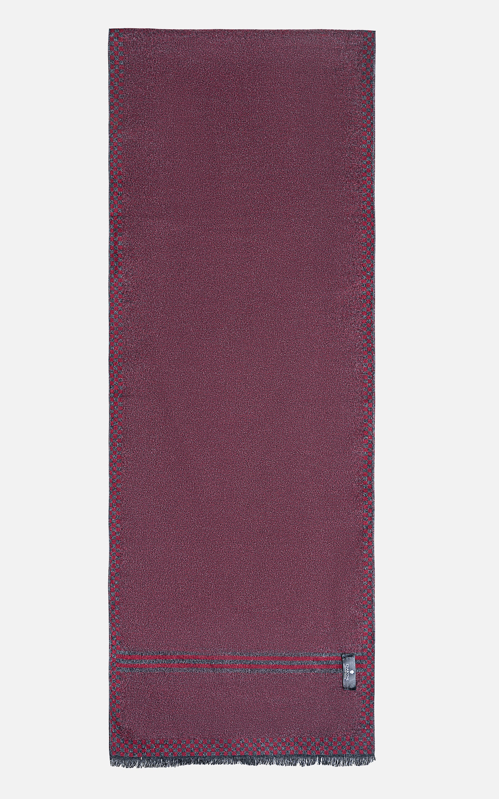 Burgundy scarf with fringed ends and stitched trim, small fabric tag at hem