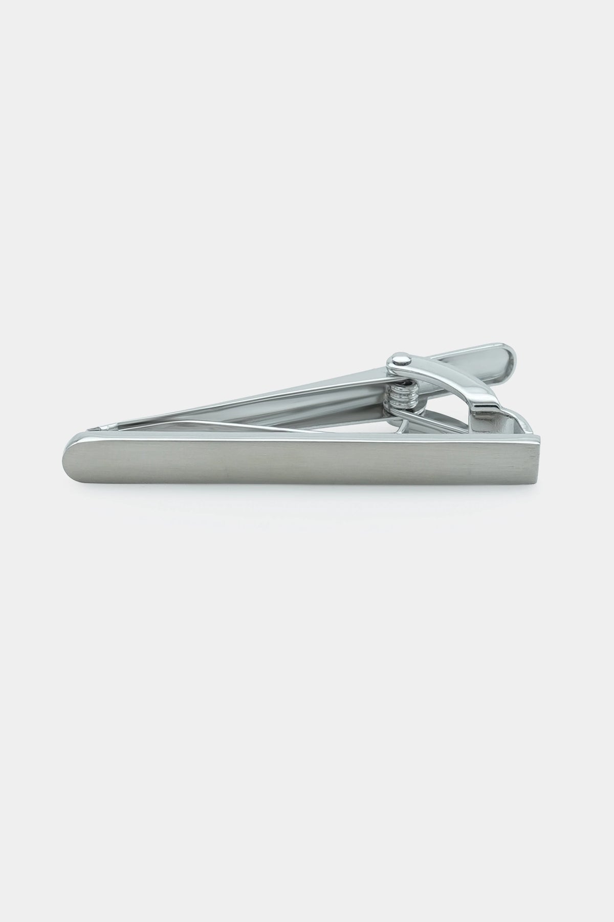 Silver tie pin with flat bar and clasp, side view