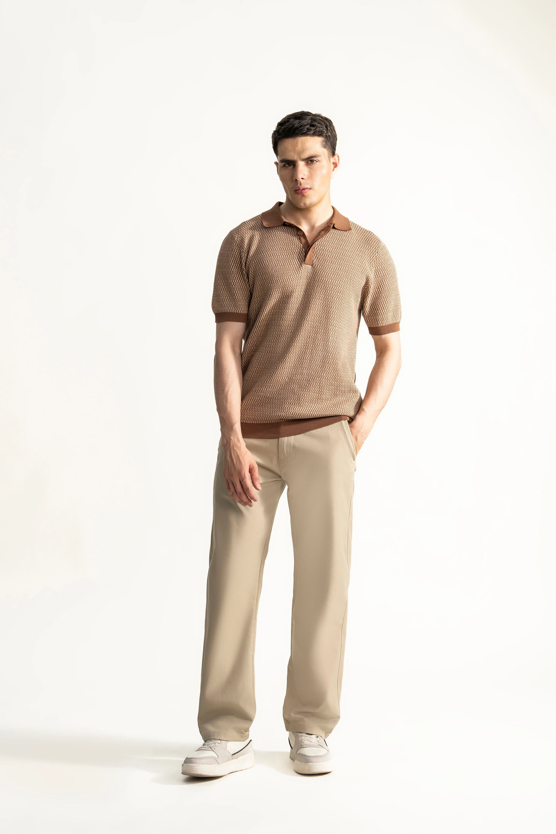 SWEATER KNIT SELF TEXTURED POLO BROWN