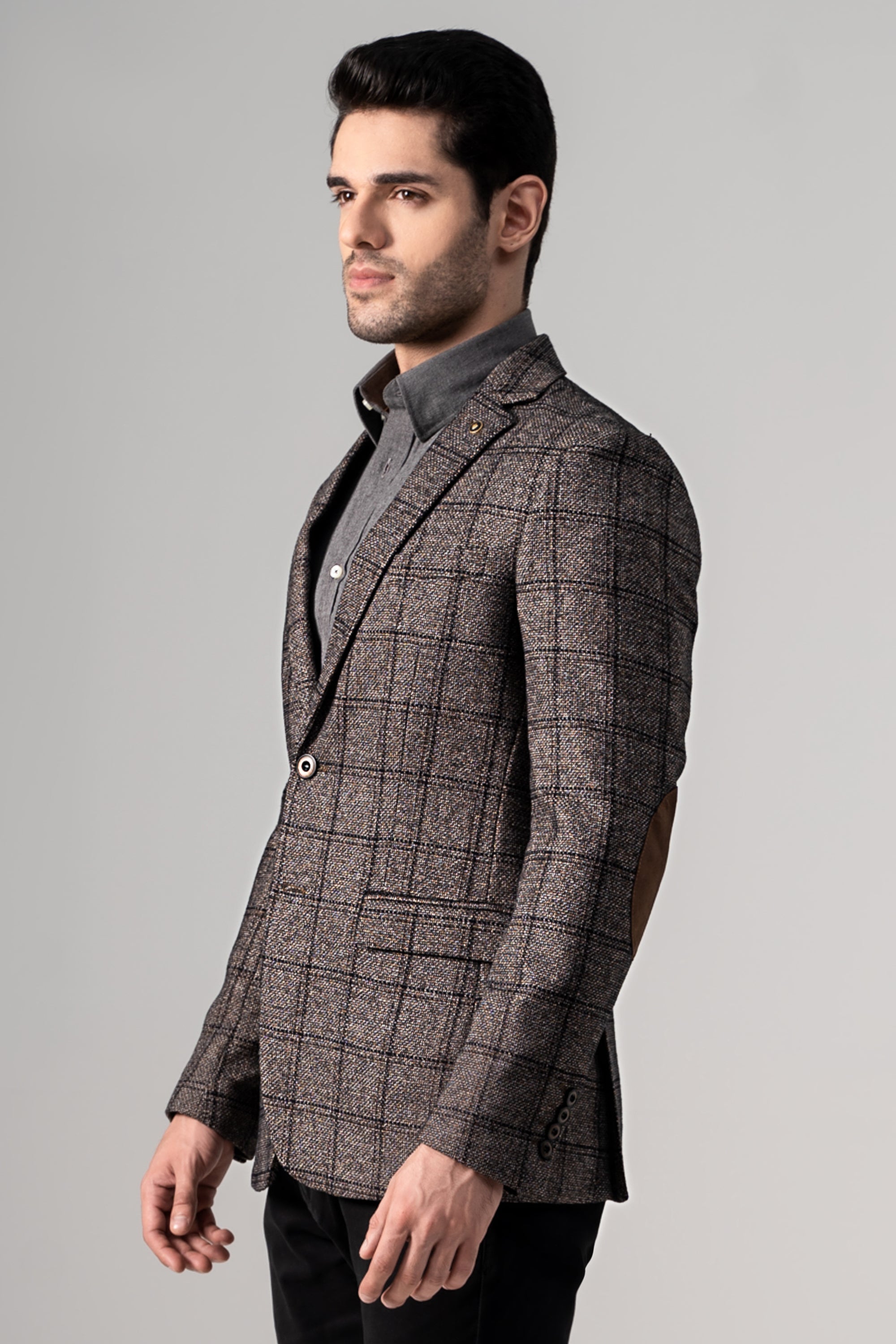 Brown check casual coat with stand collar and chest button