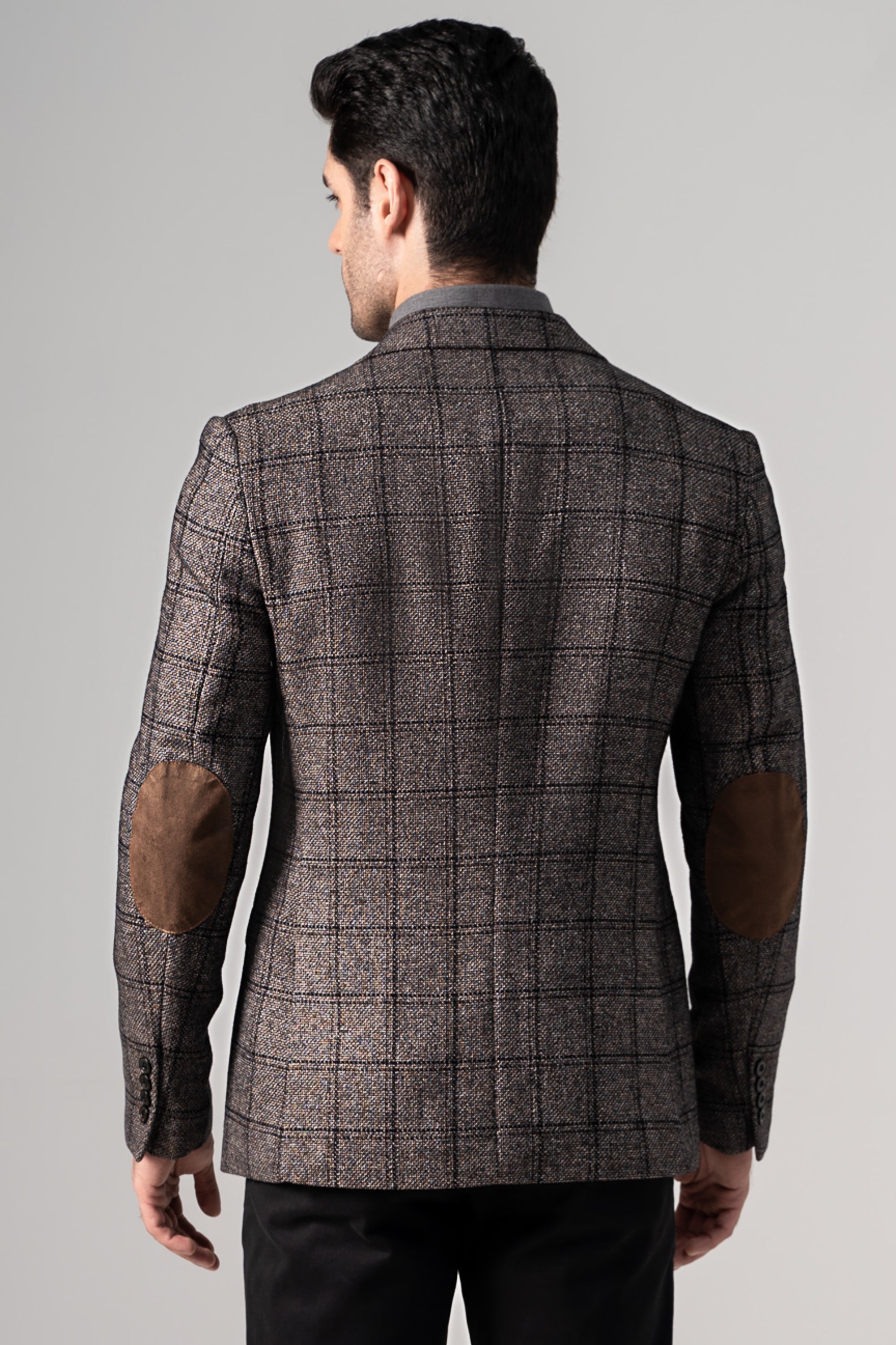 Brown check casual coat back with high collar and long sleeves