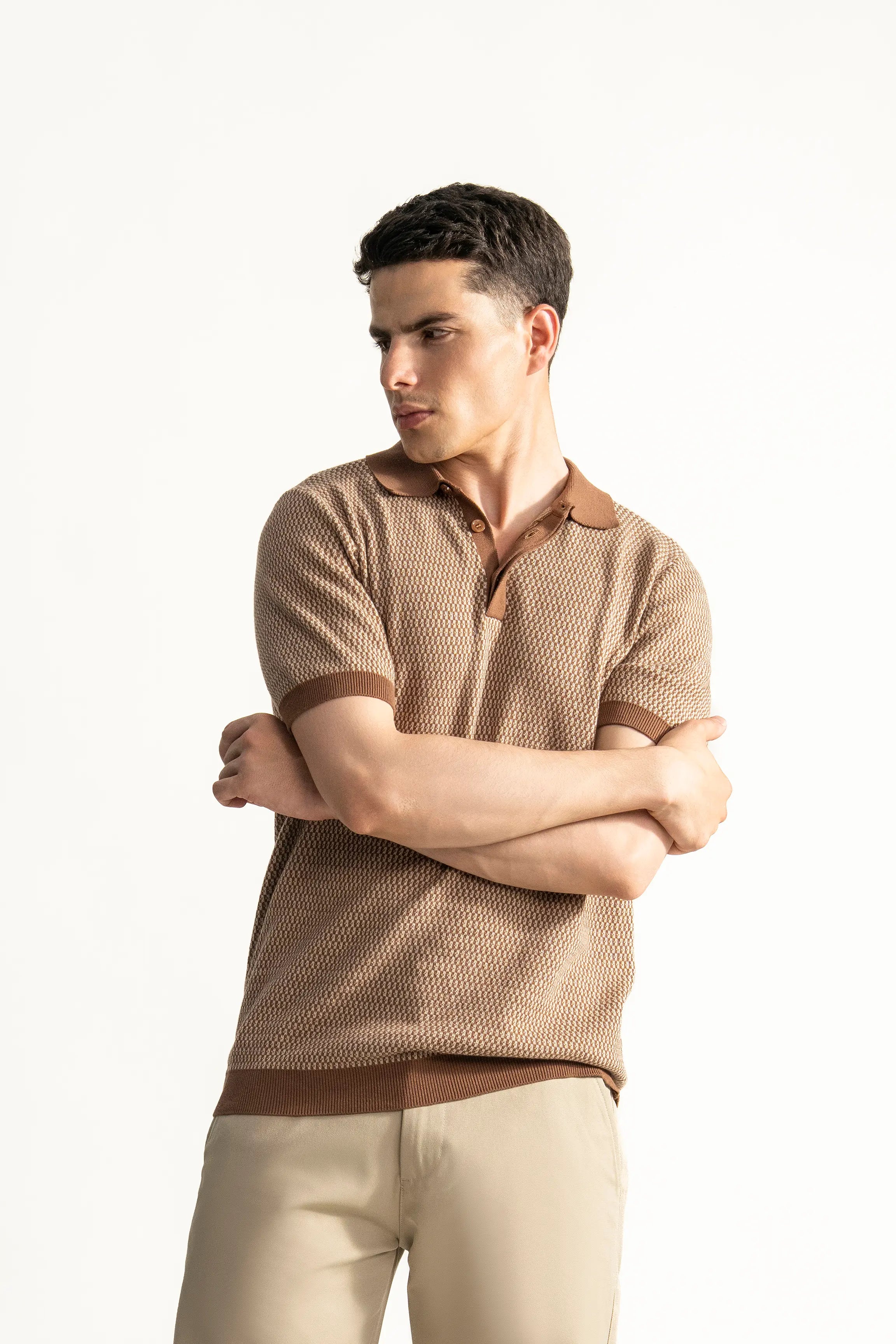 SWEATER KNIT SELF TEXTURED POLO BROWN