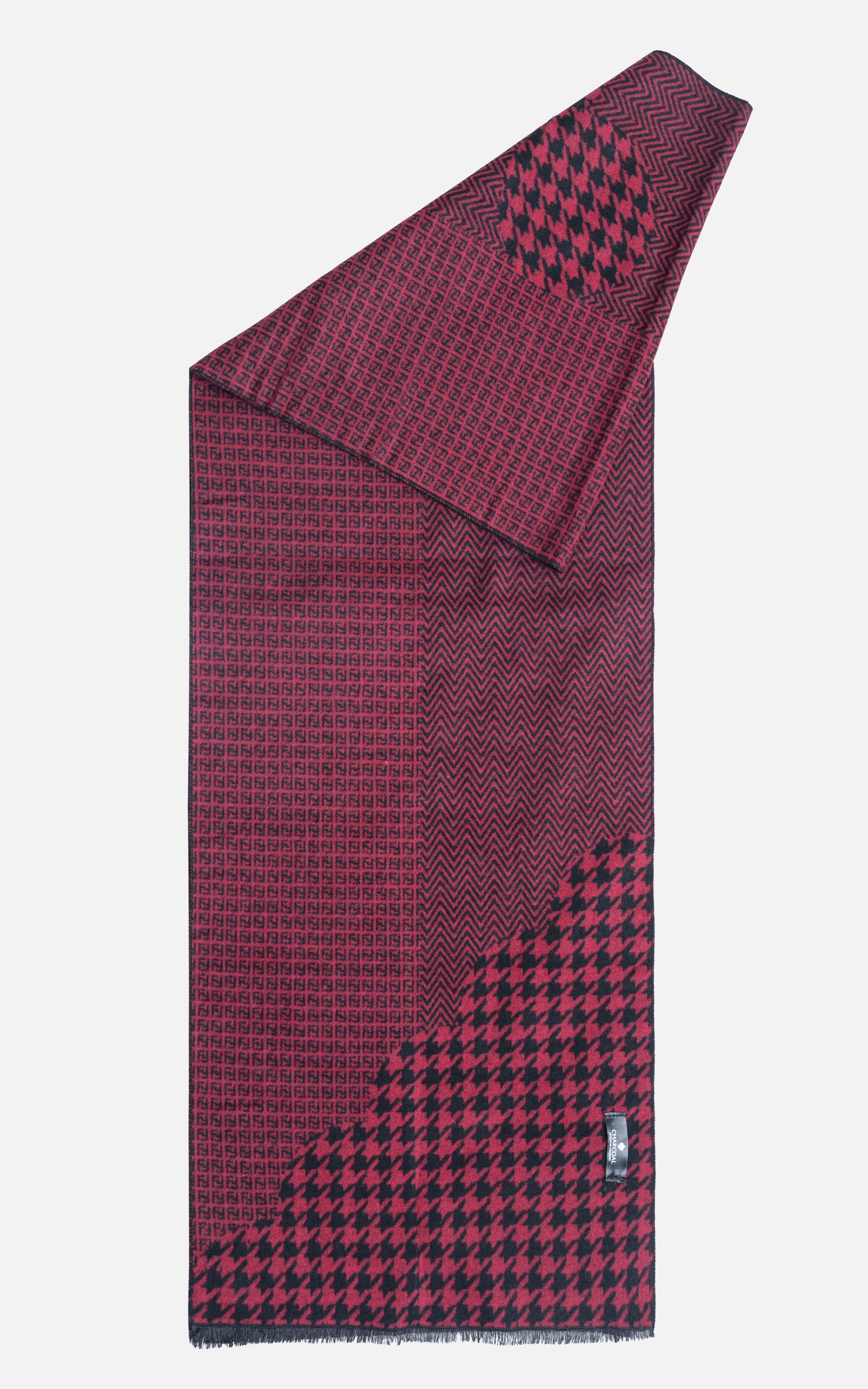 Maroon scarf with chevron weave and black houndstooth trim.