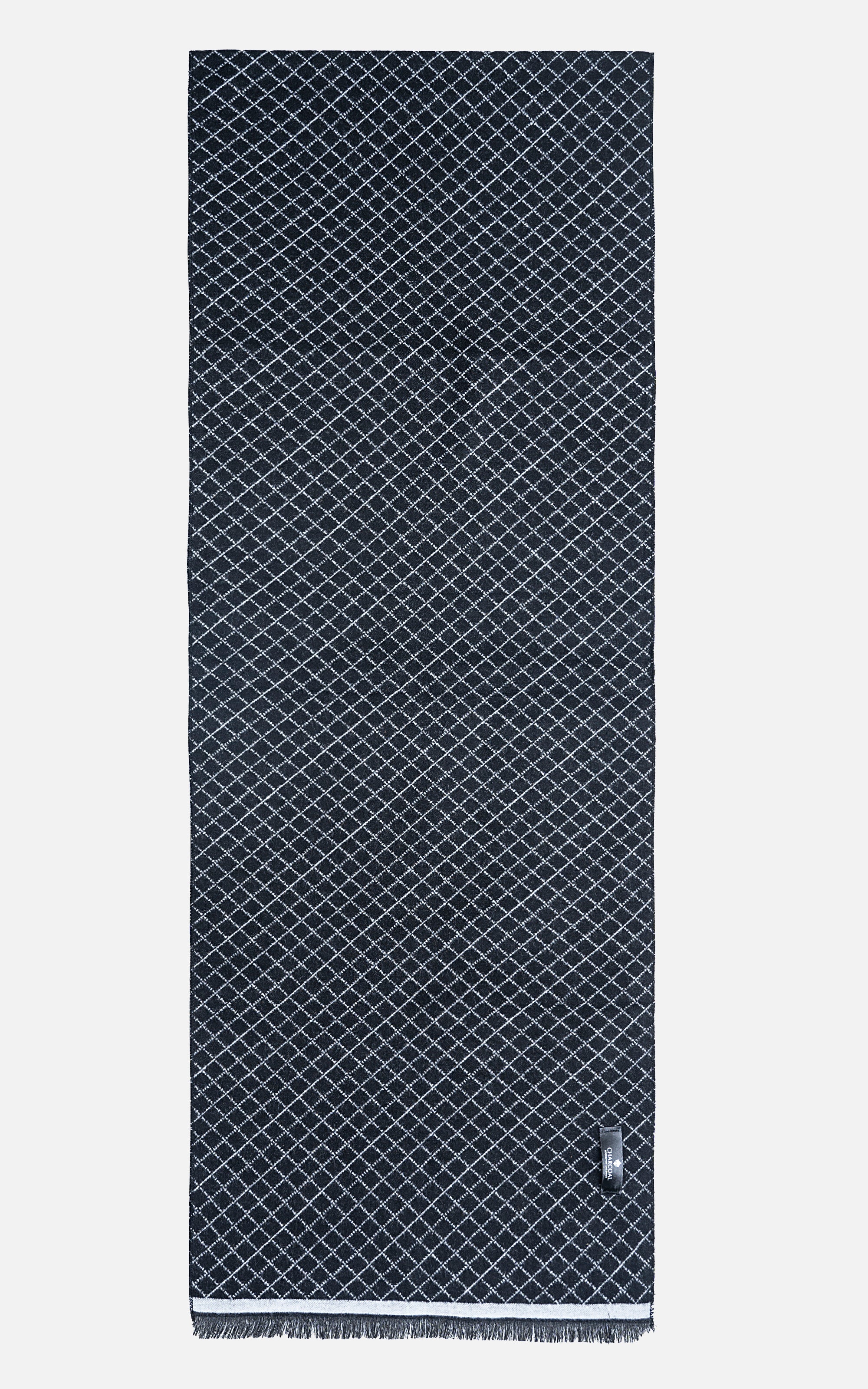 Navy grid-pattern scarf with white line checks and fringed hem