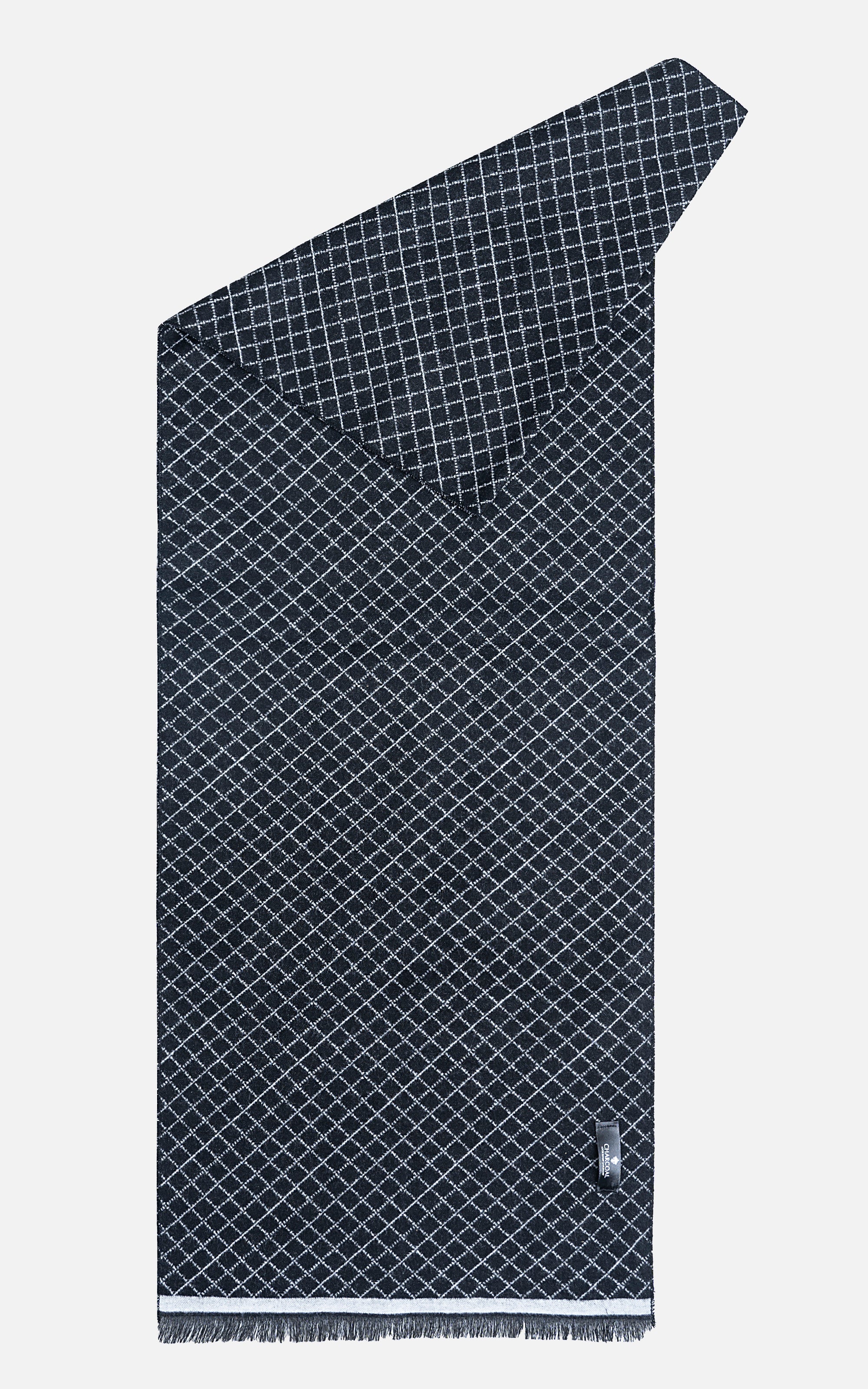 Navy grid-pattern scarf with white lines and fringed ends
