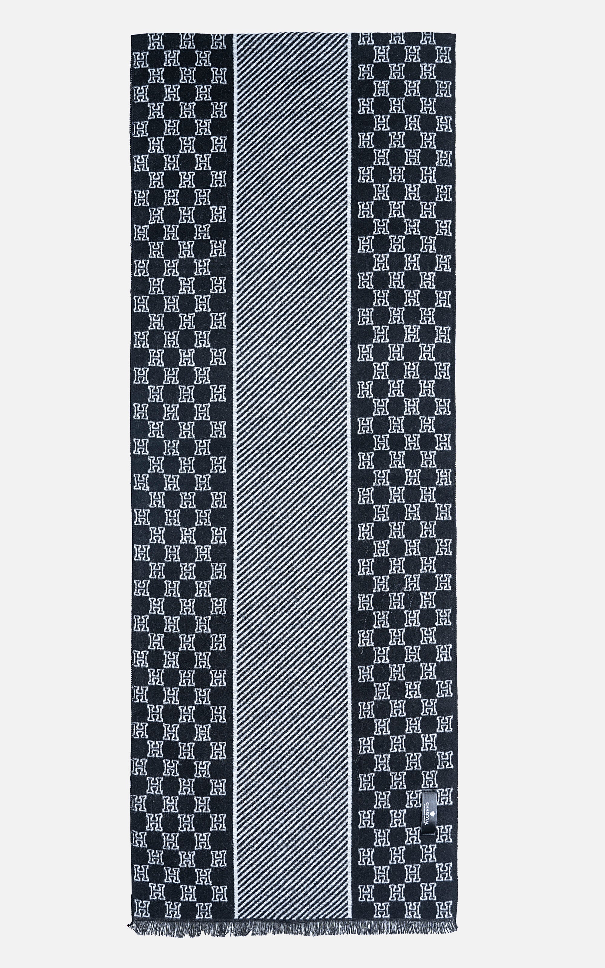 Navy scarf with repeating H pattern, central vertical stripe, and fringed edge
