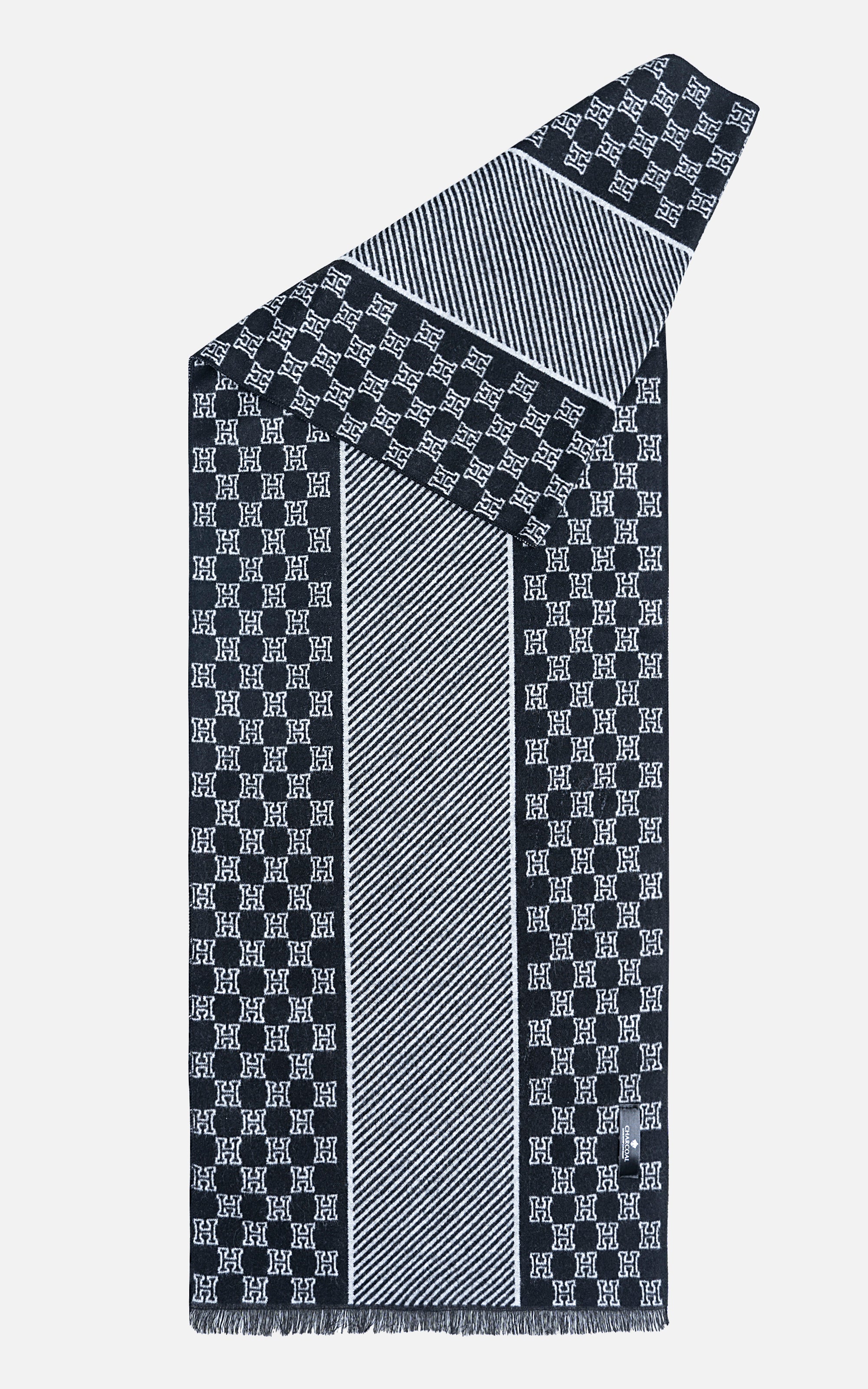 Navy scarf with repeating H pattern and diagonal stripe panel