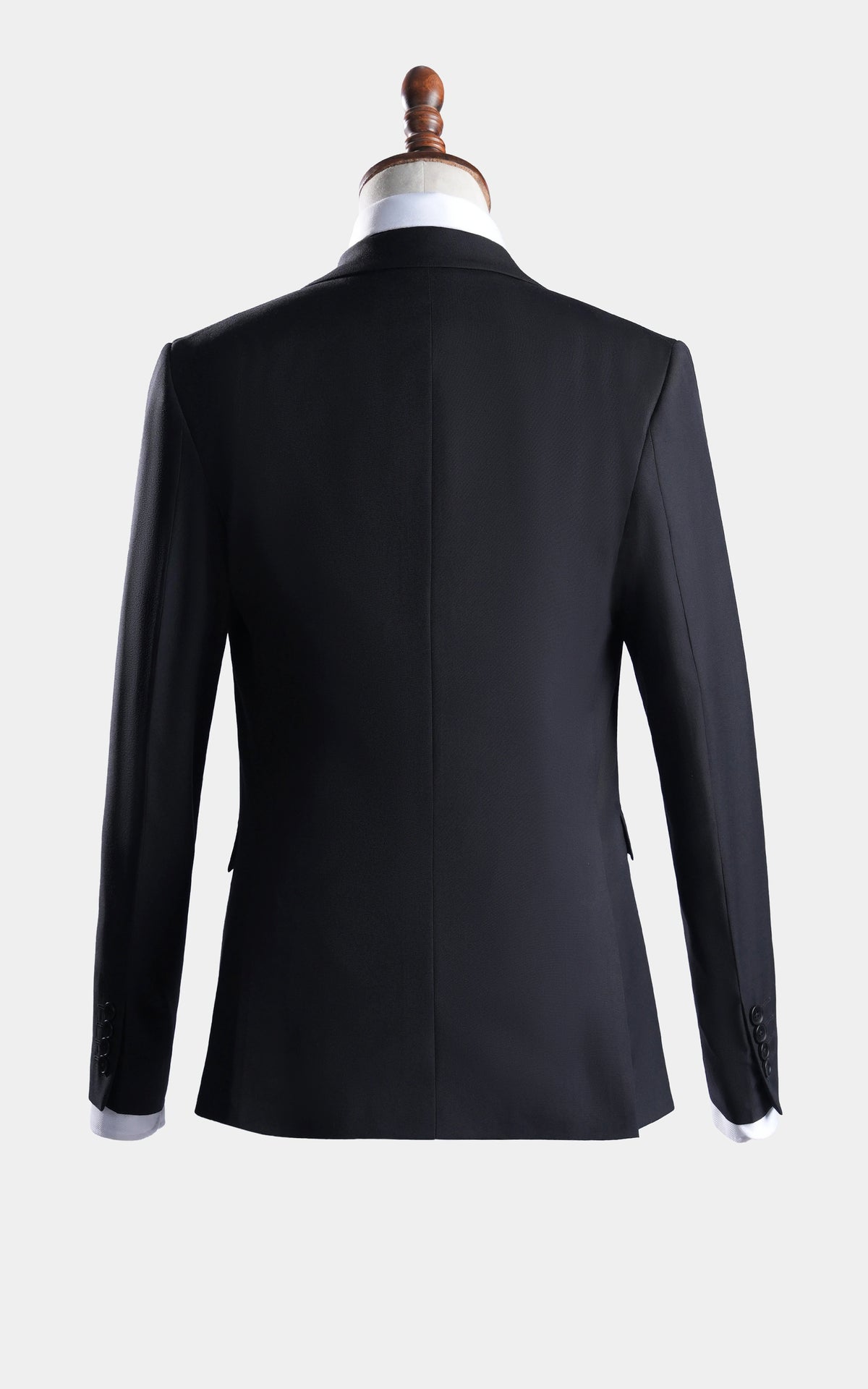Black suit jacket back view with long sleeves and neat seam detailing