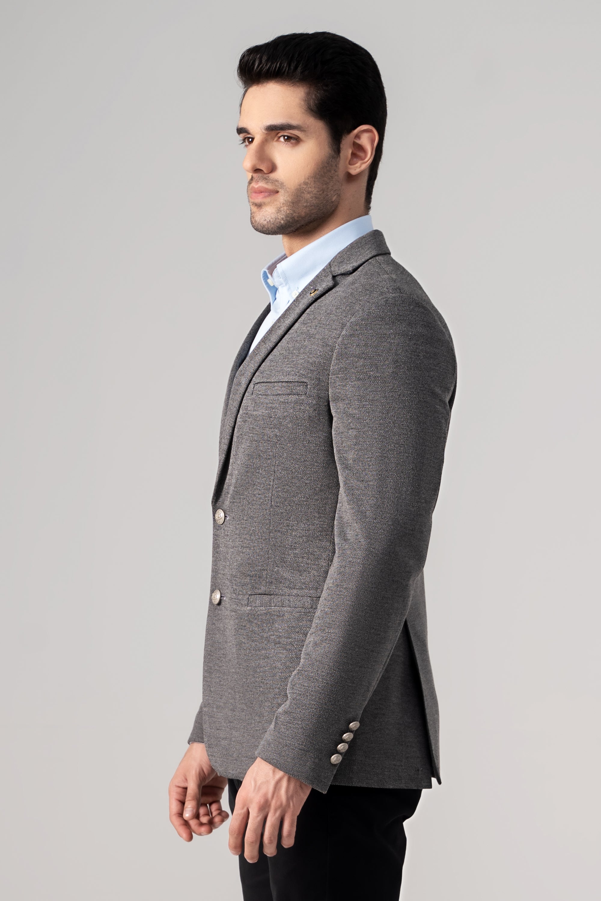Grey casual coat, single-breasted buttons, notch lapels, sleeve button details