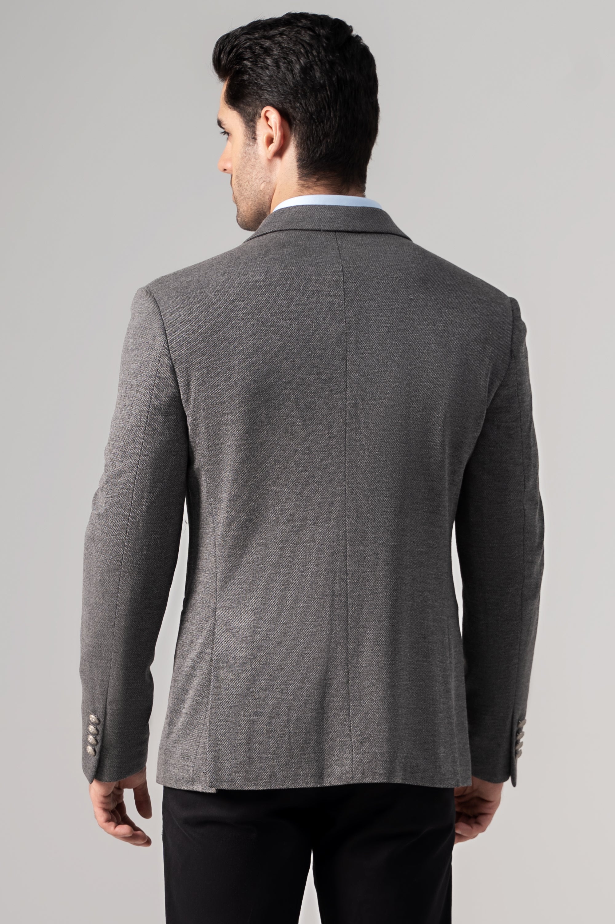 Grey casual coat, back view, tailored seams, notch collar
