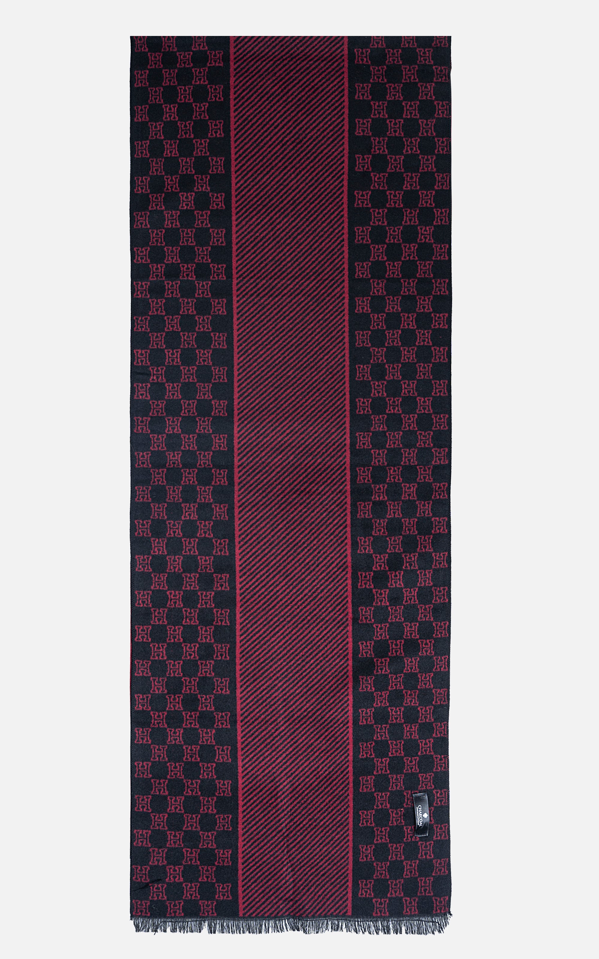Dark patterned scarf with burgundy center stripe and logo-like repeating motifs