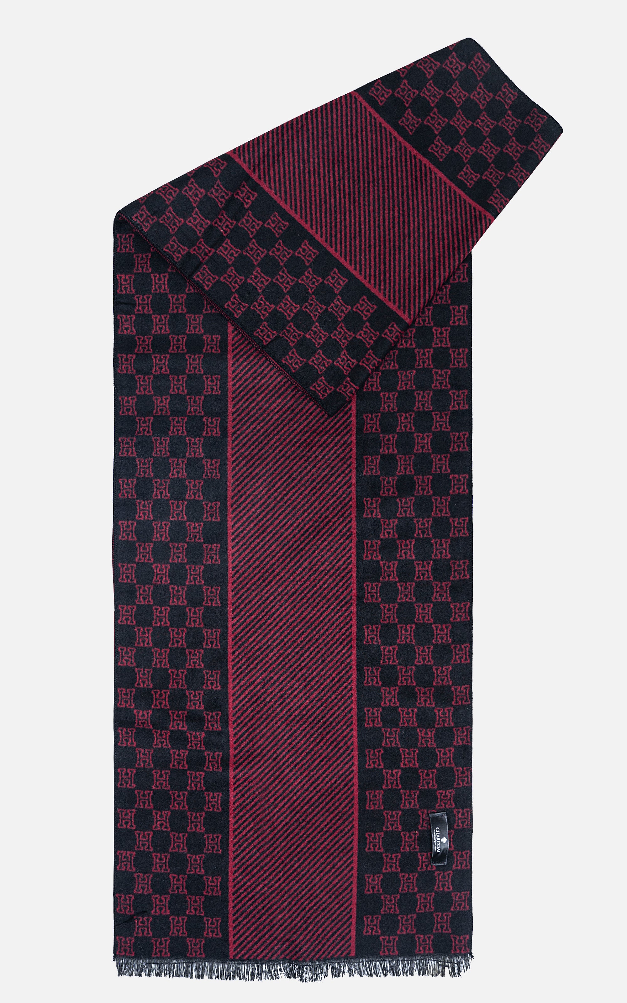 Burgundy and dark navy patterned scarf with diagonal stripes and fringe ends