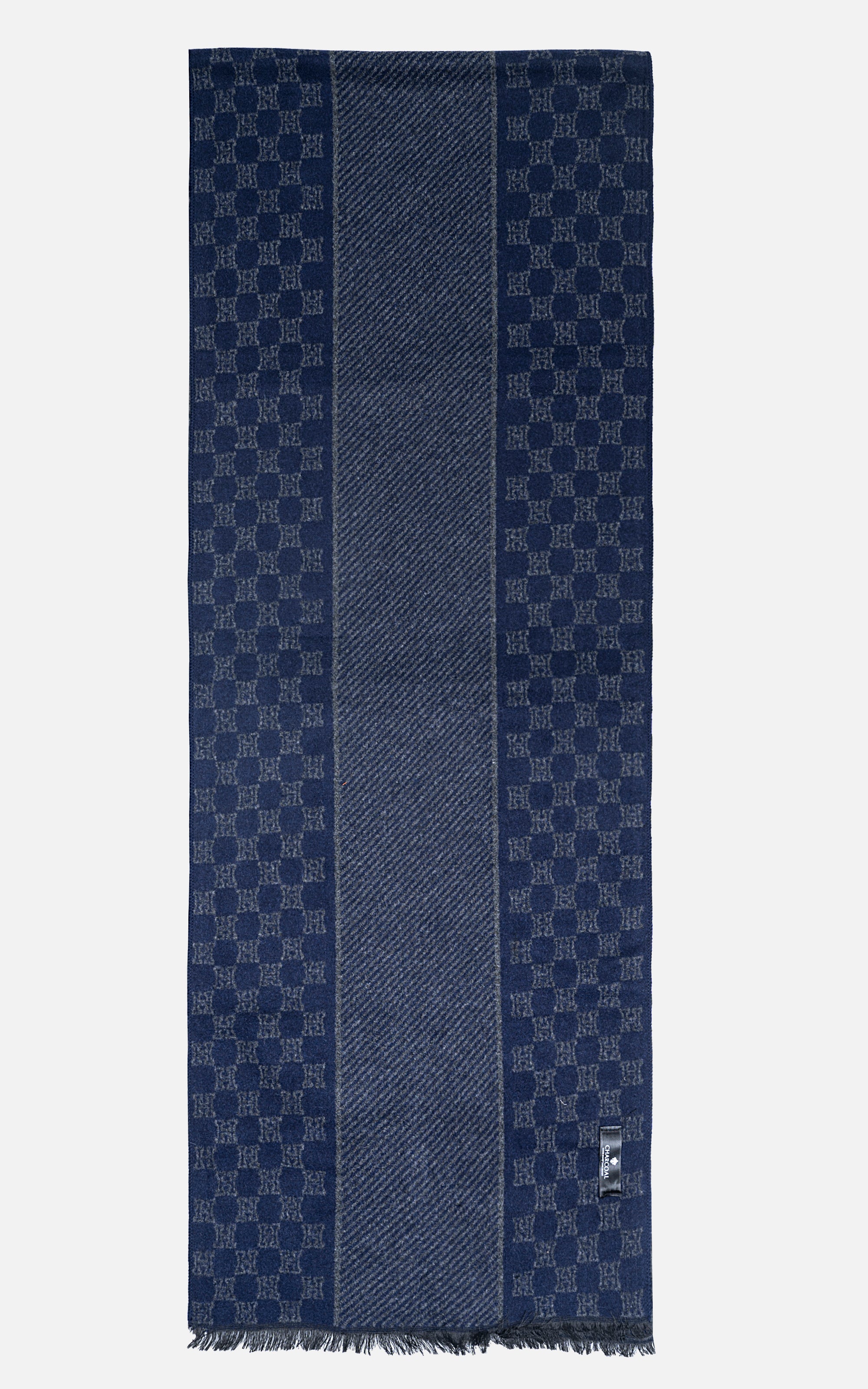 Navy patterned scarf with fringed hem and central textured stripe