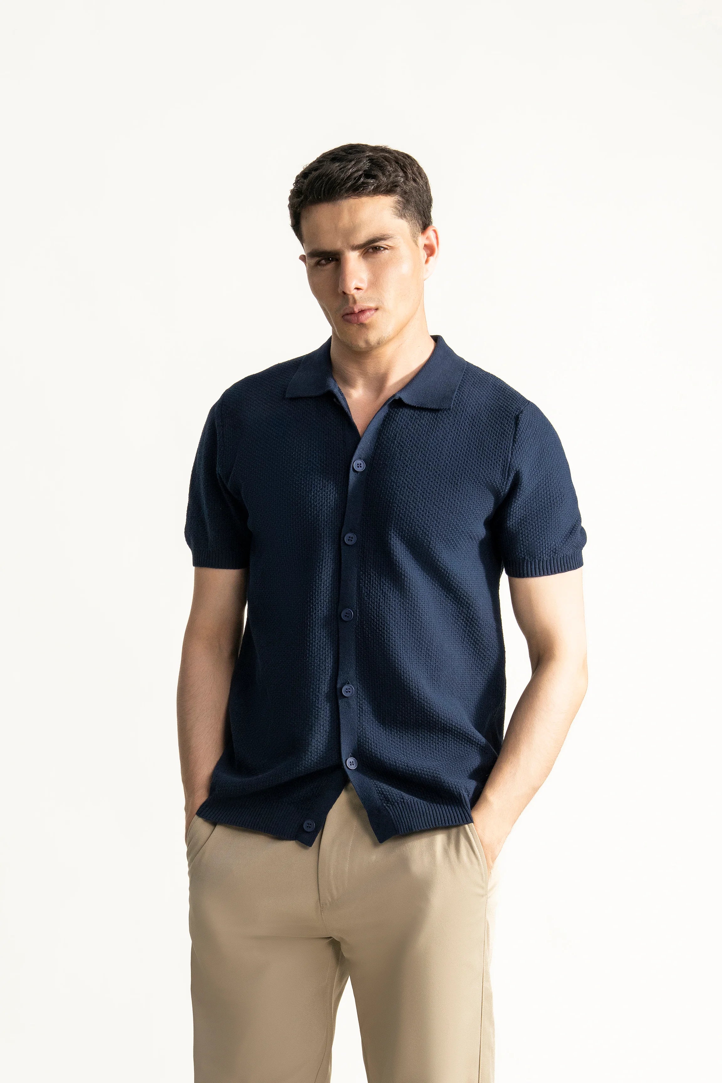 HALF SLEEVE CABLE KNIT CASUAL SHIRT NAVY