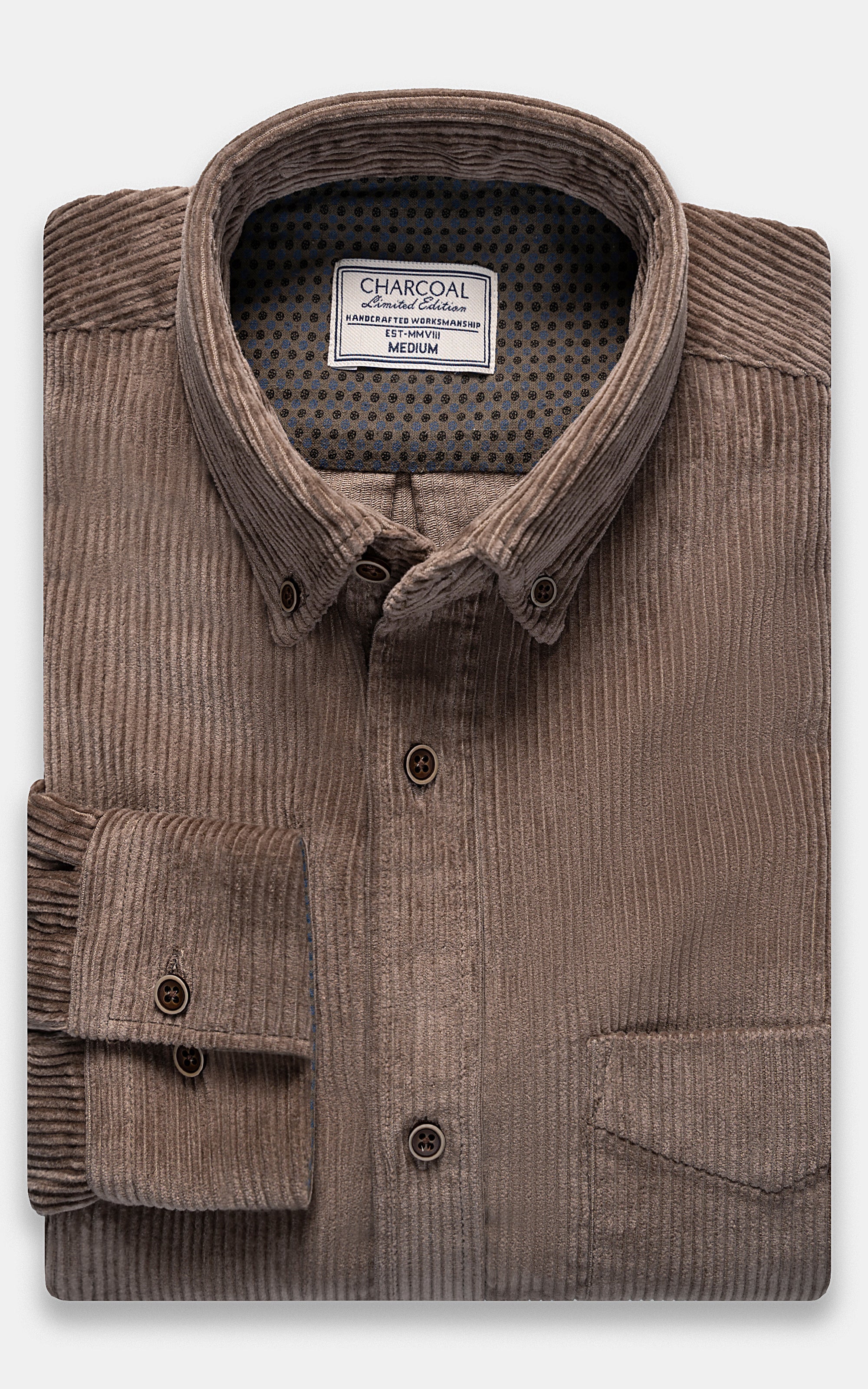 Khaki corduroy button-up shirt with spread collar and chest pockets