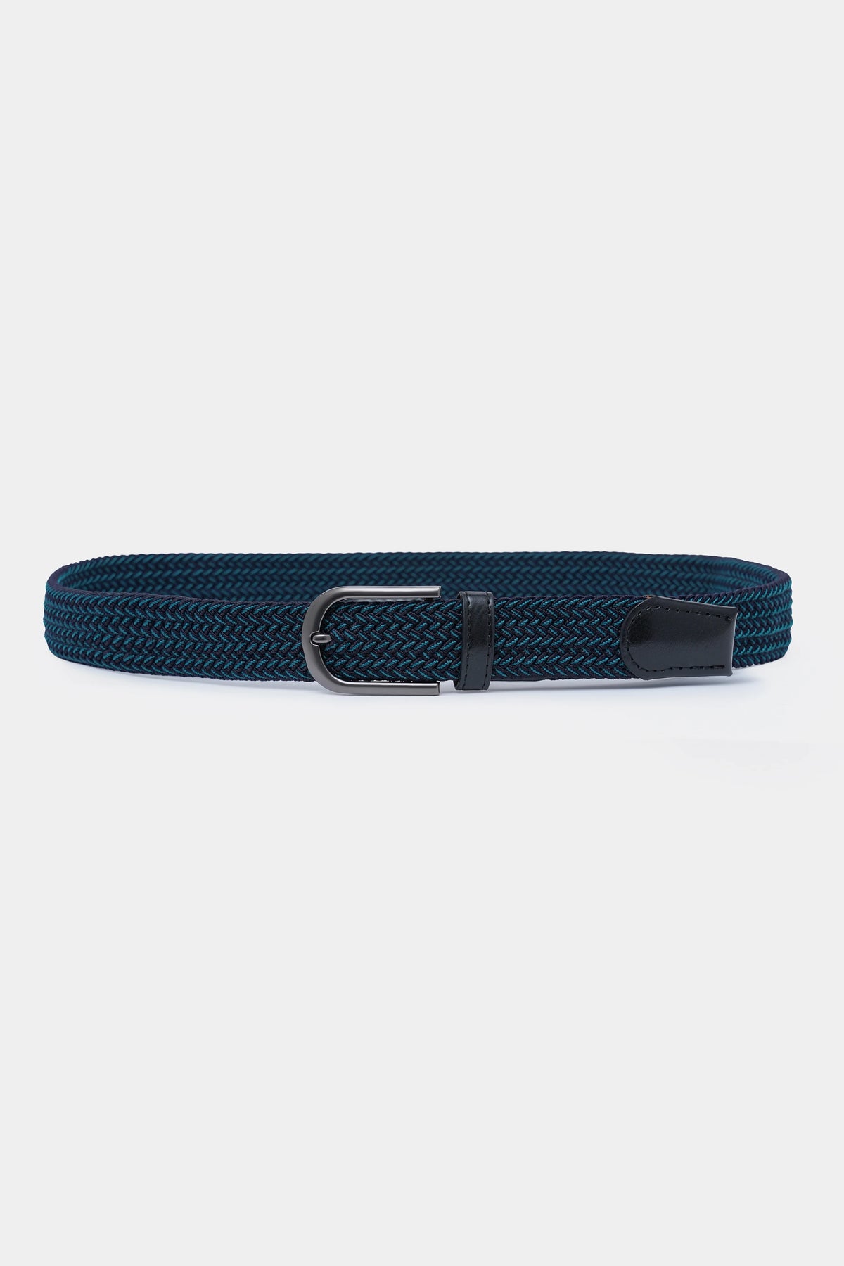 Blue woven belt with rectangular metal buckle and dark leather keeper strap.