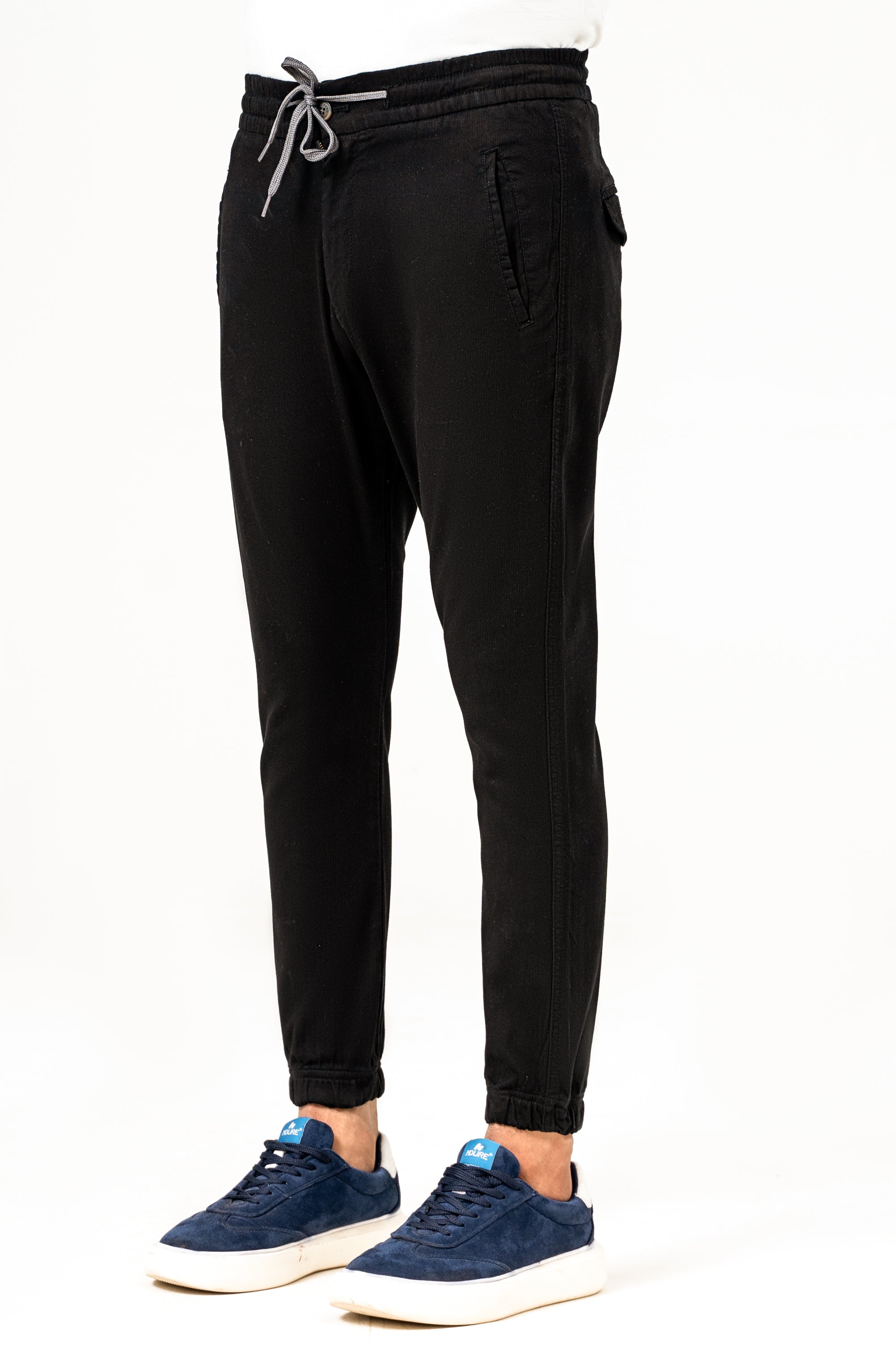 Black casual jogger trousers with drawstring waist and rear pockets