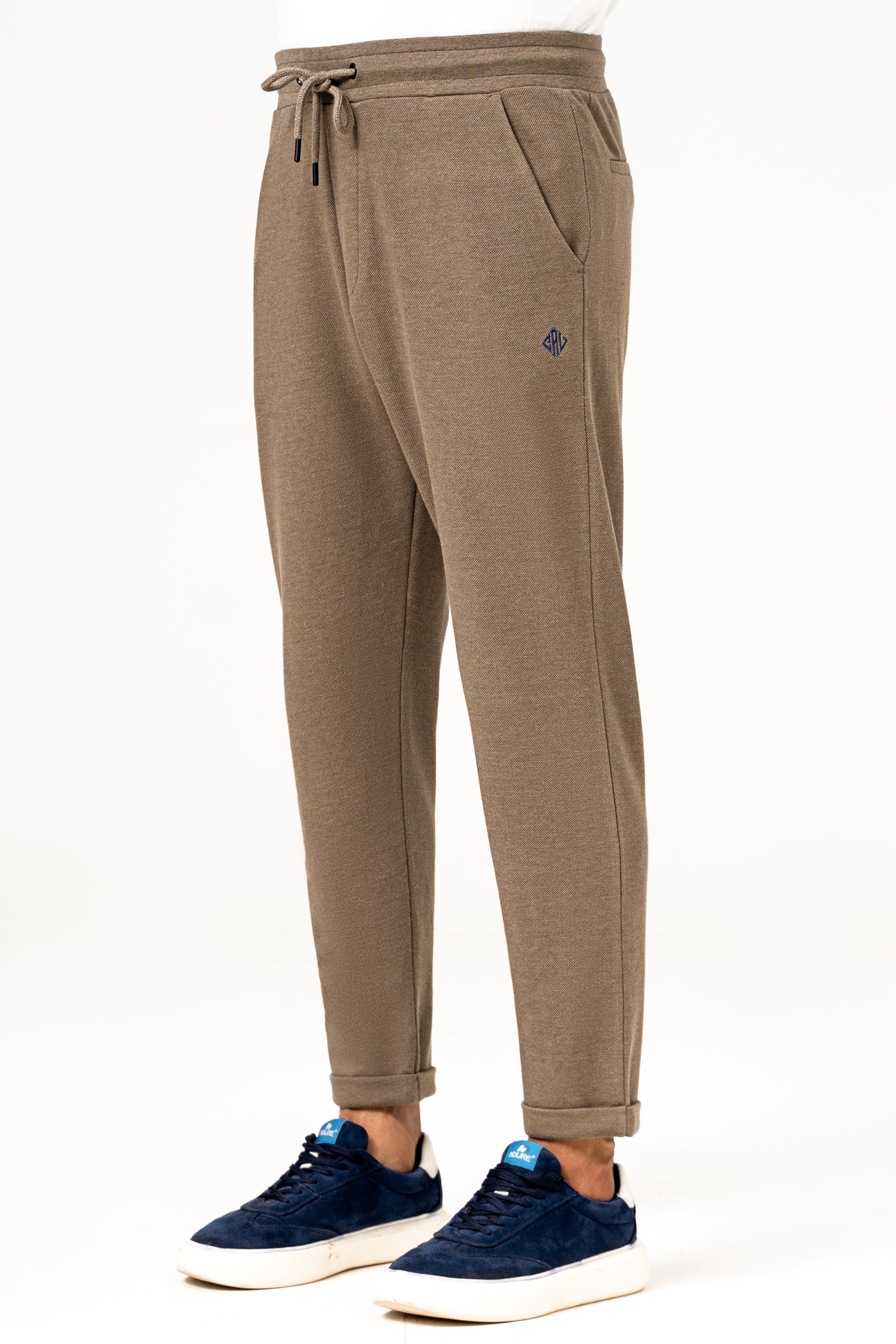 Khaki jogger waist trousers with elastic ankle cuffs and slim tapered fit