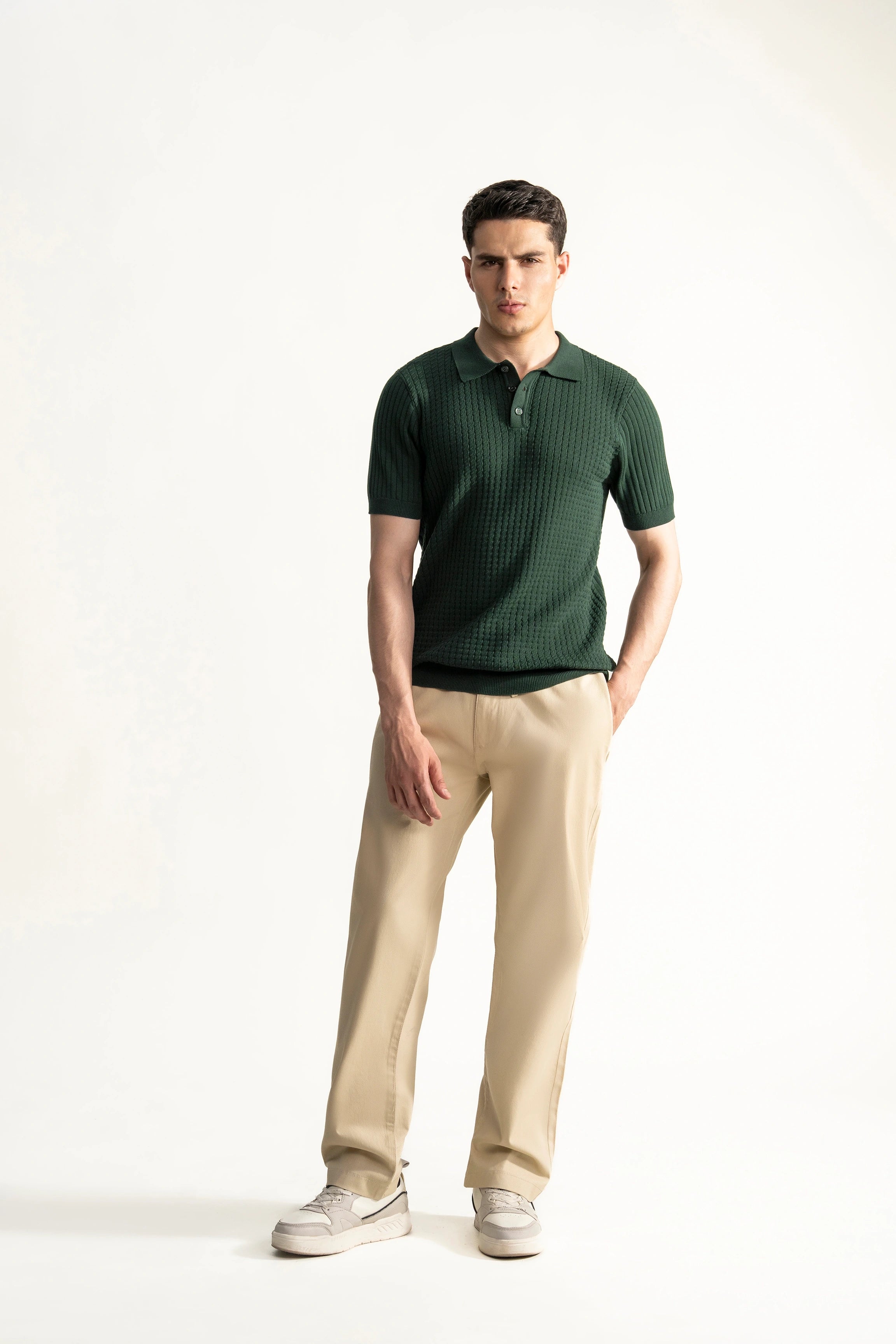 SWEATER KNIT SELF TEXTURED POLO GREEN