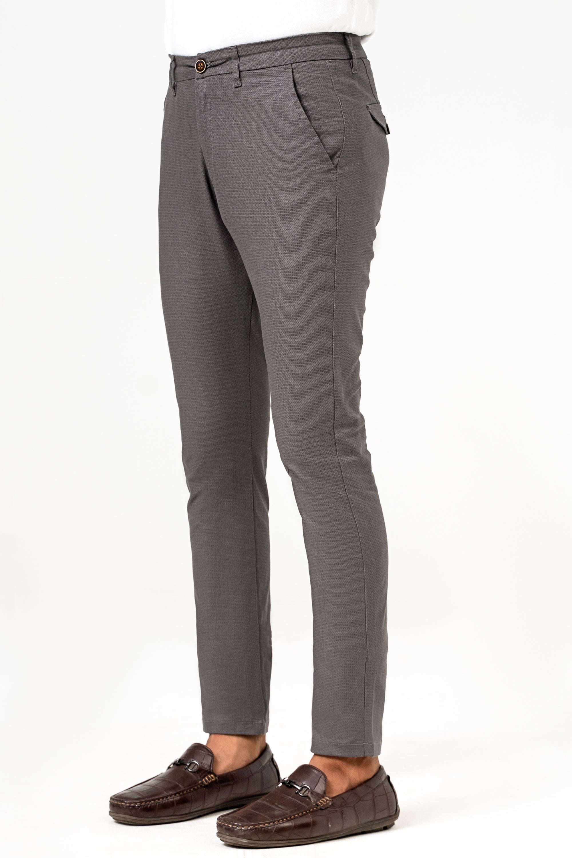 Dark grey trousers with side cross pockets, slim straight fit, belt loops