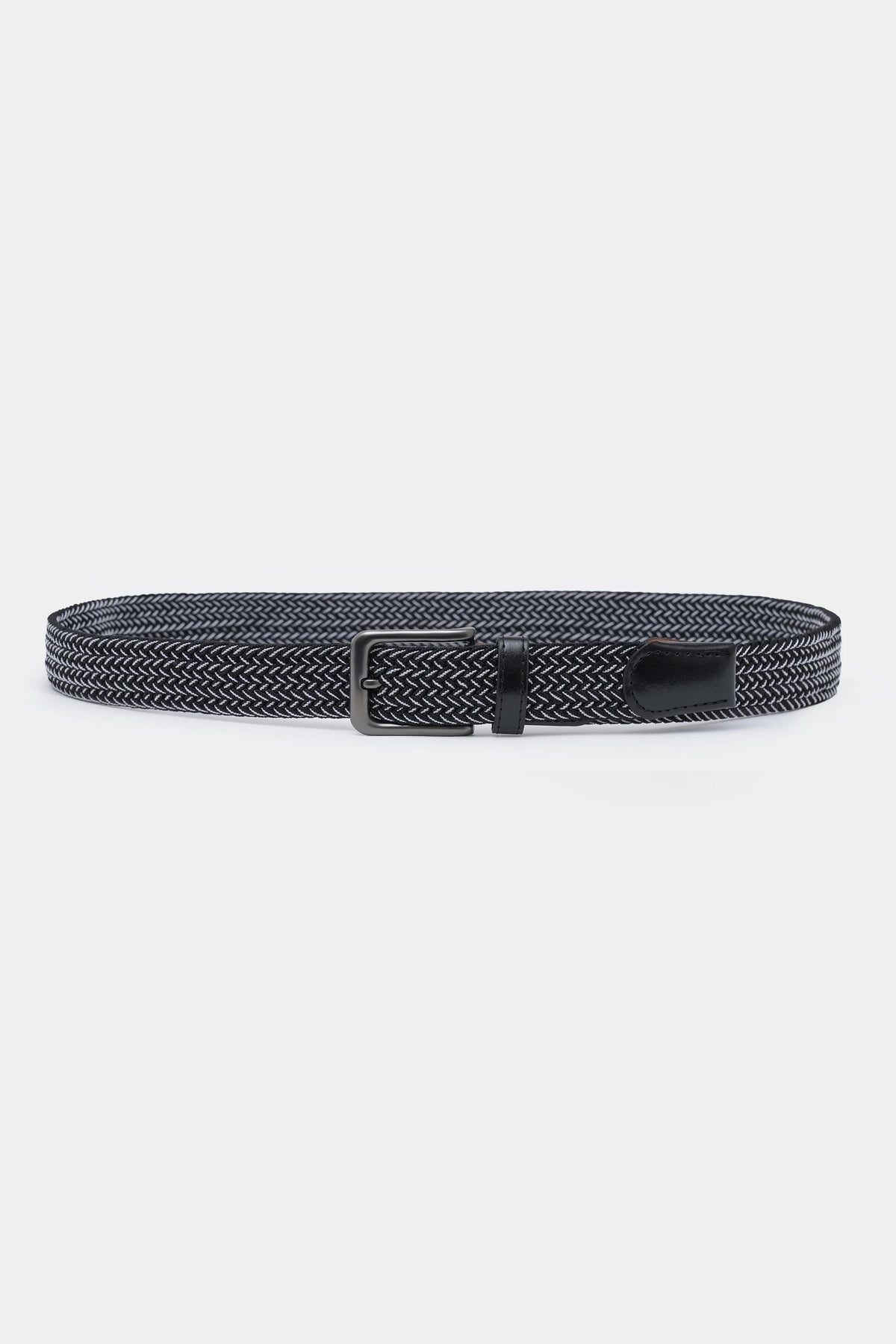 Woven belt with dark textured weave, black buckle with center bar