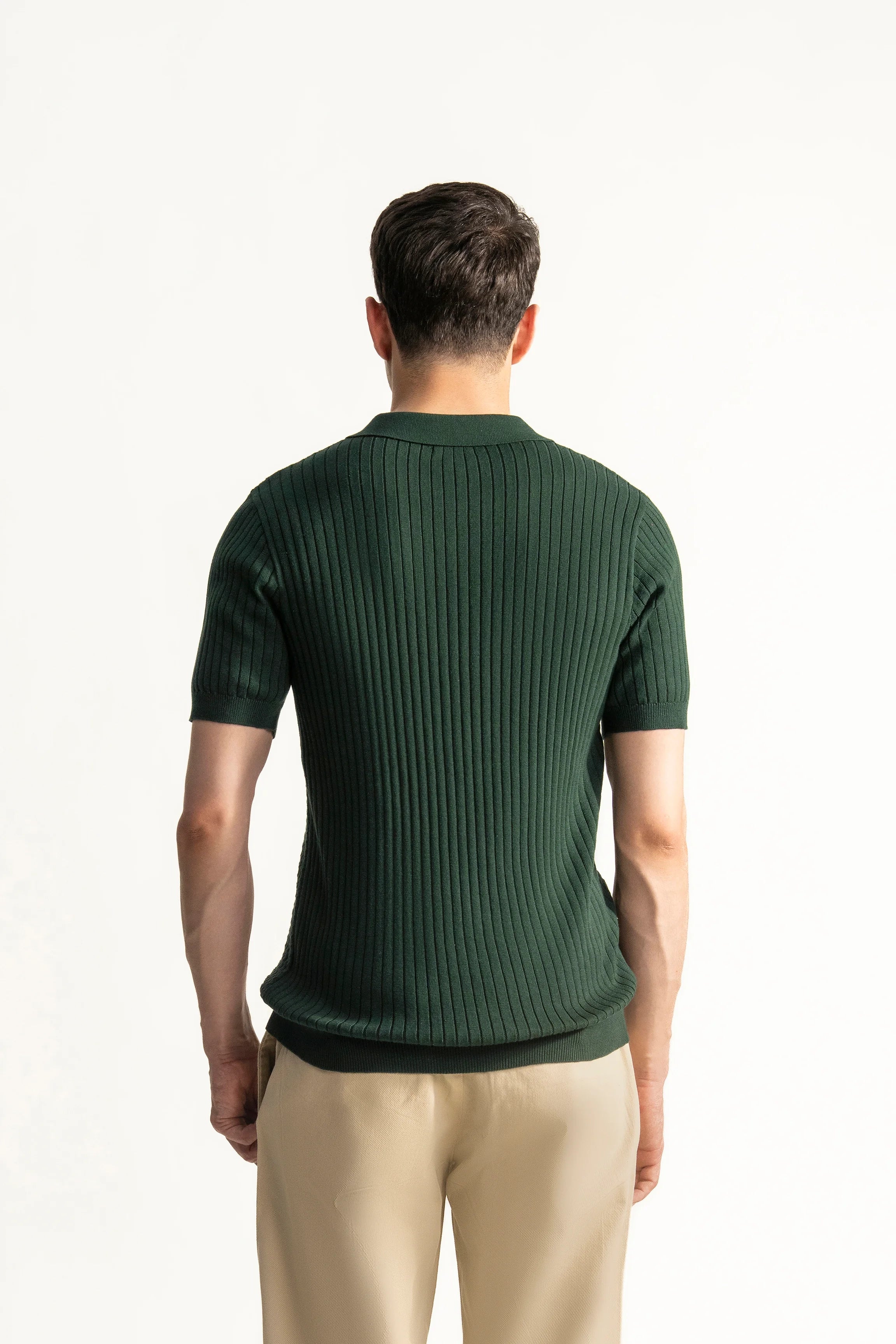 SWEATER KNIT SELF TEXTURED POLO GREEN