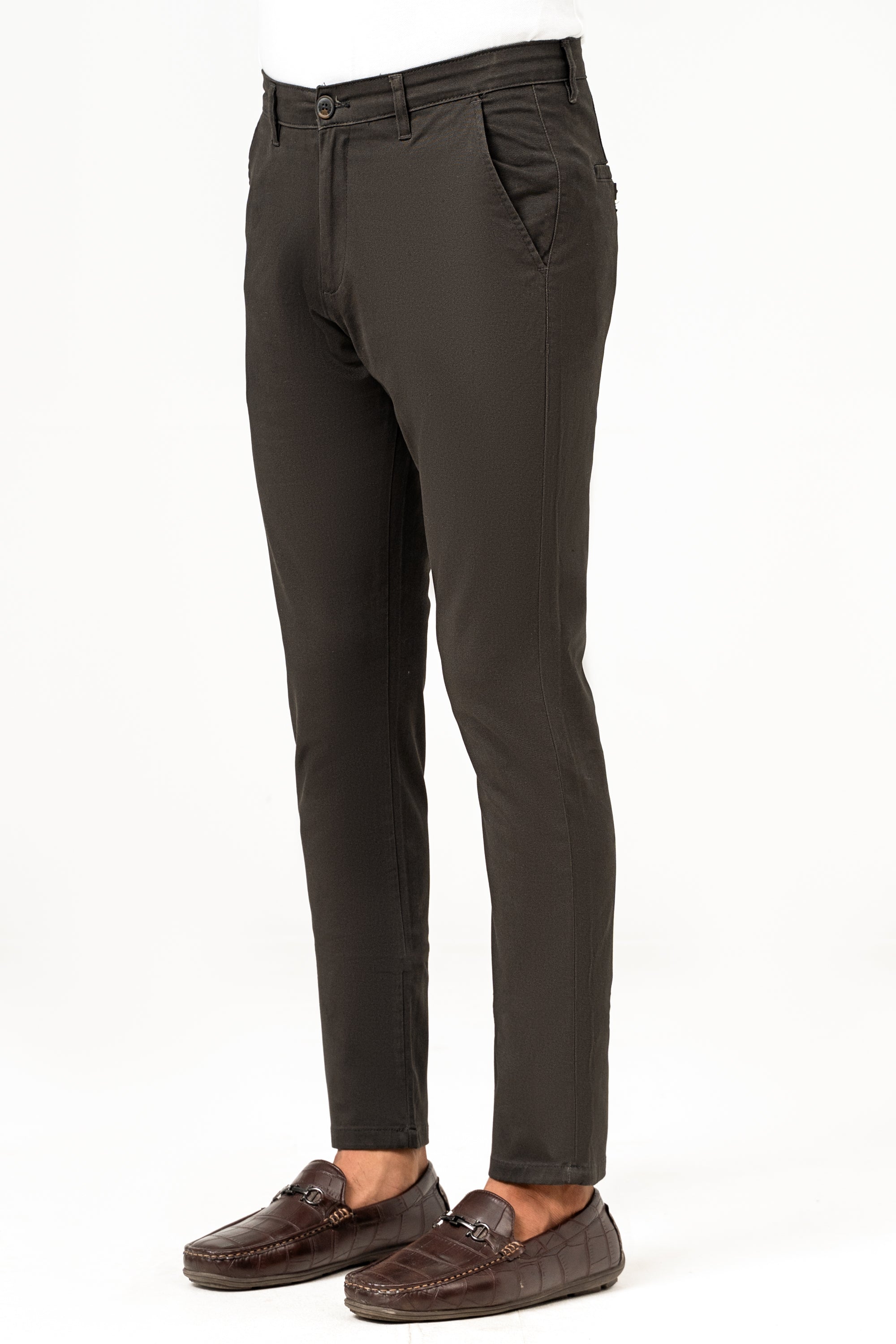 Dark olive casual pants with taper leg, belt loops, and front slant pockets
