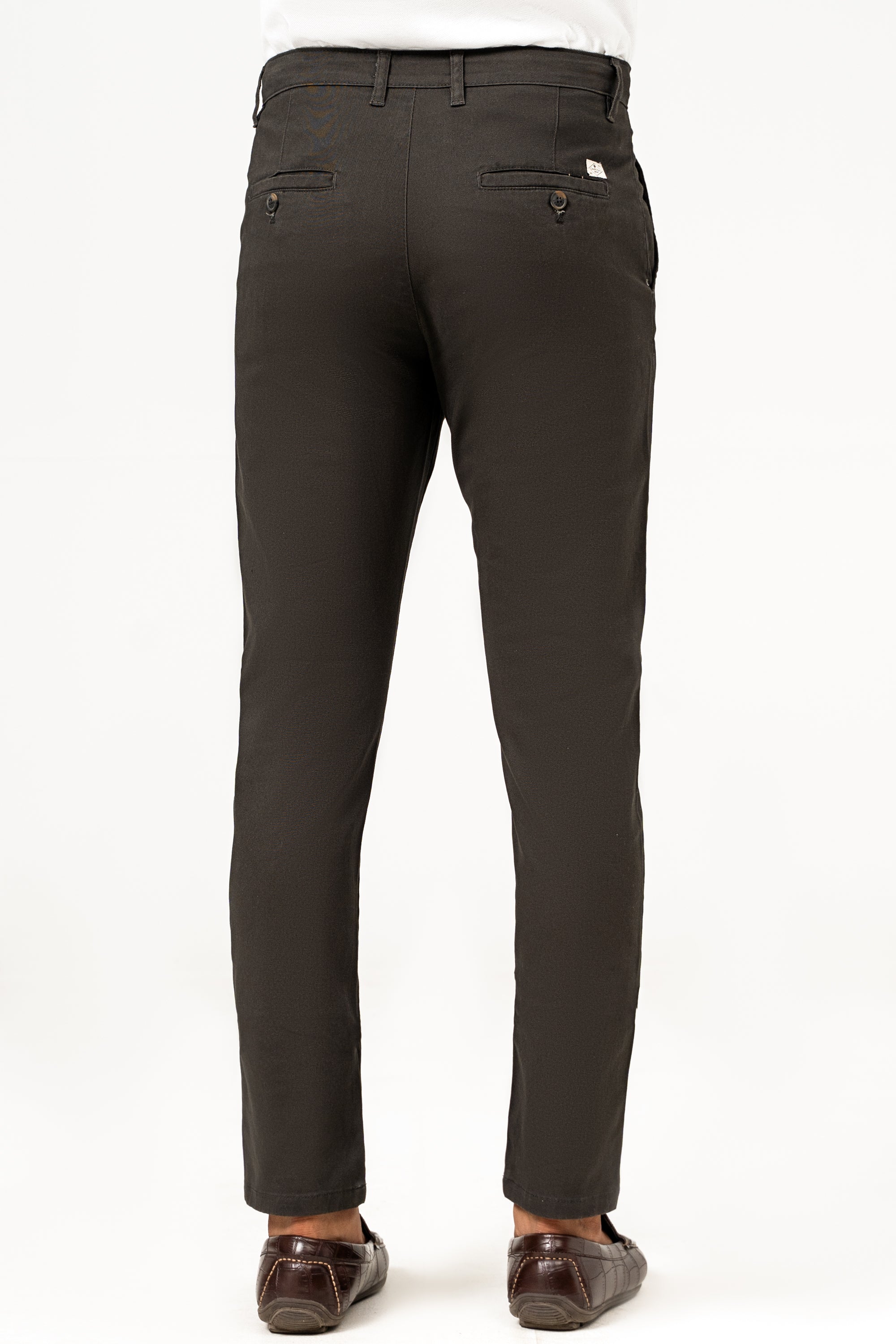 Dark olive casual pants with back yoke seam and two buttoned back pockets