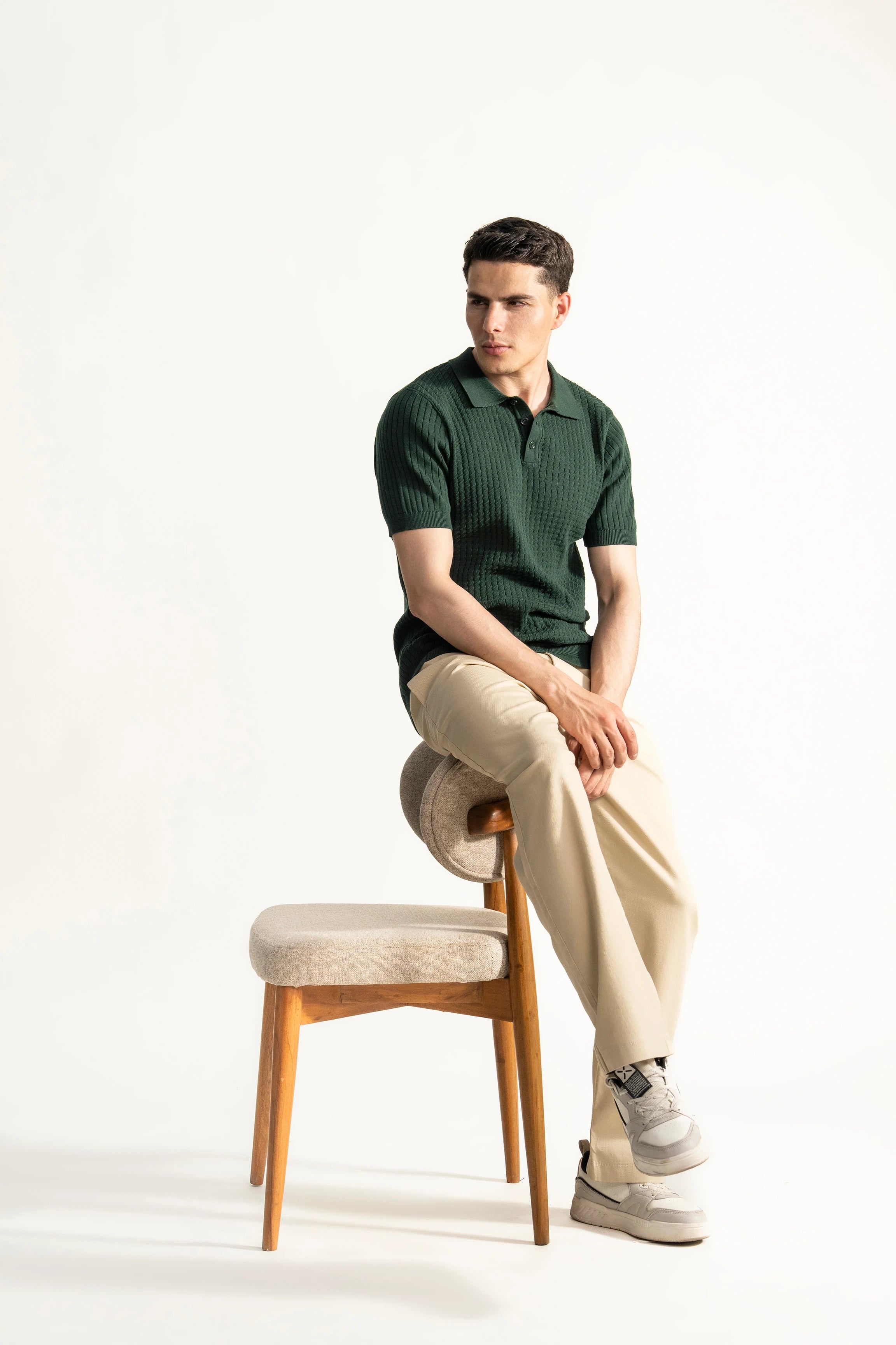 SWEATER KNIT SELF TEXTURED POLO GREEN