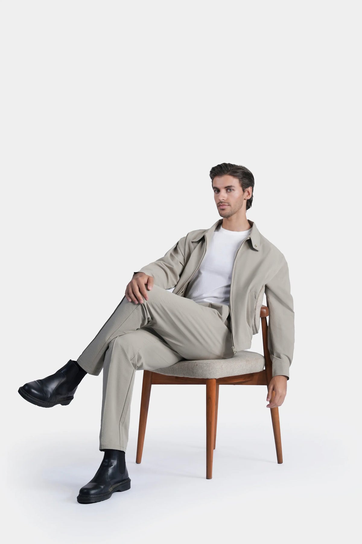 Men's sage seersucker jacket with drawstring waist and raglan sleeves