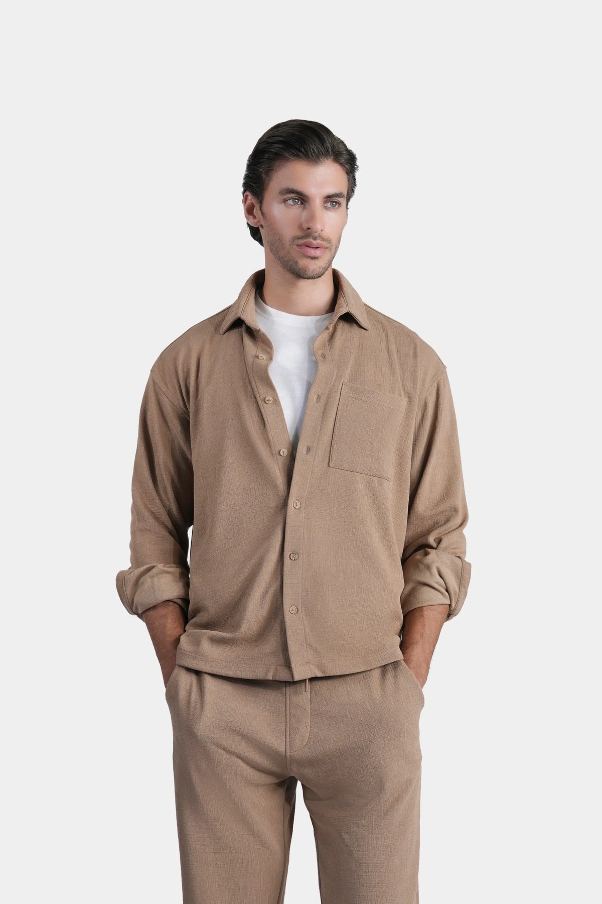 Khaki self-textured casual shirt, regular collar, button front, chest pocket