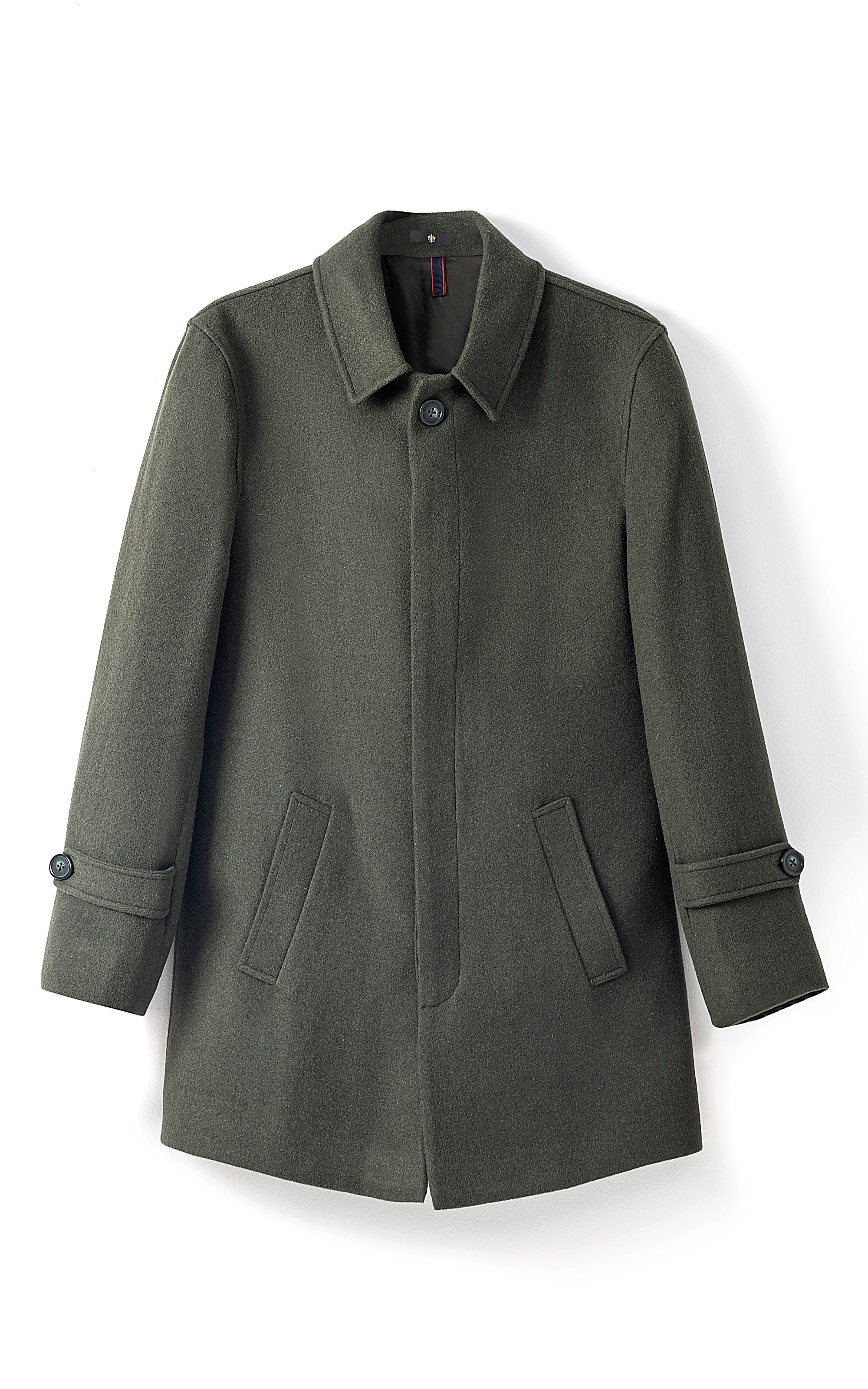 Light olive long coat with button front, notched lapels, flap pockets, and sleeve tabs