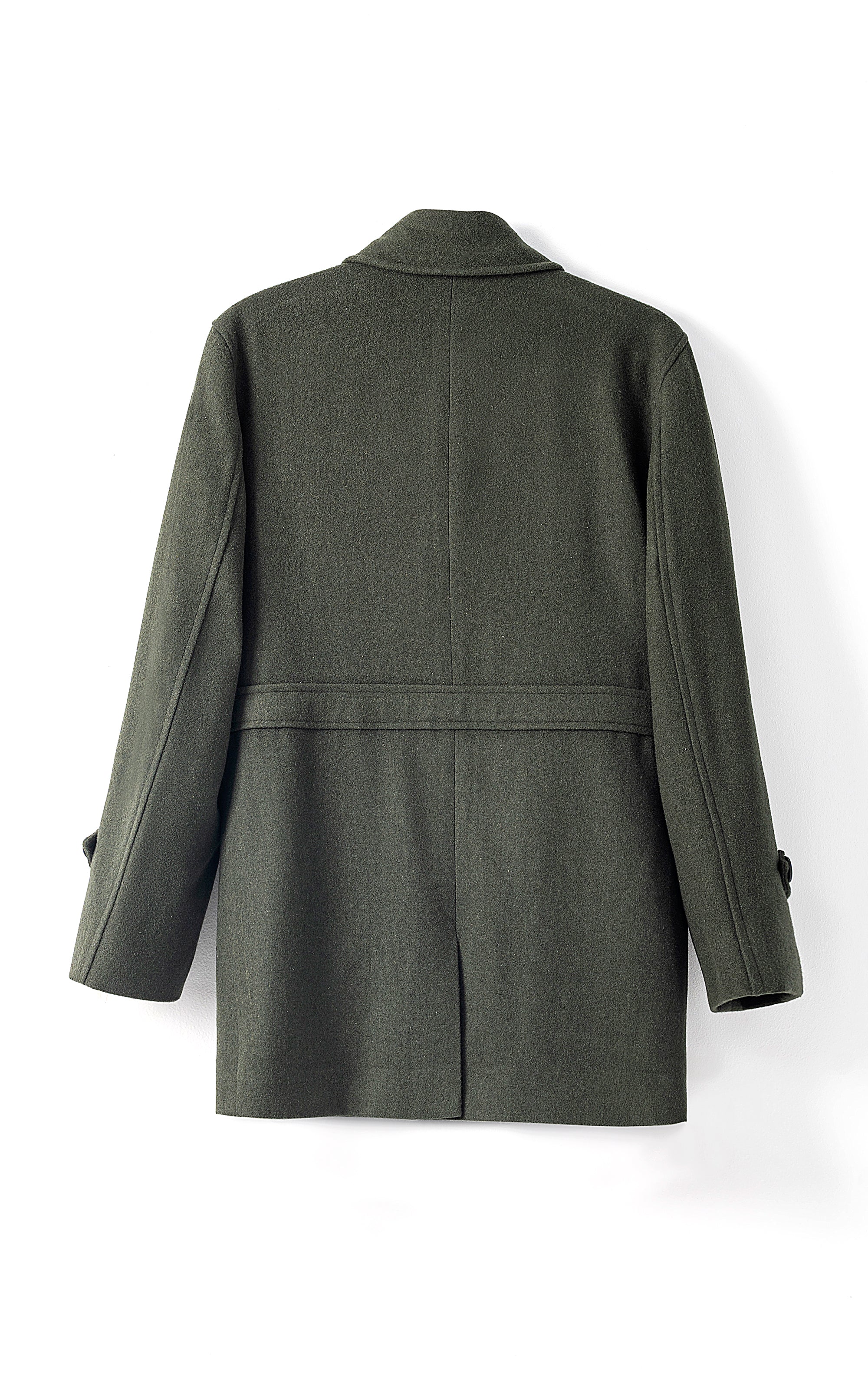 Light olive long coat with notched collar, back yoke seam, and belt loops