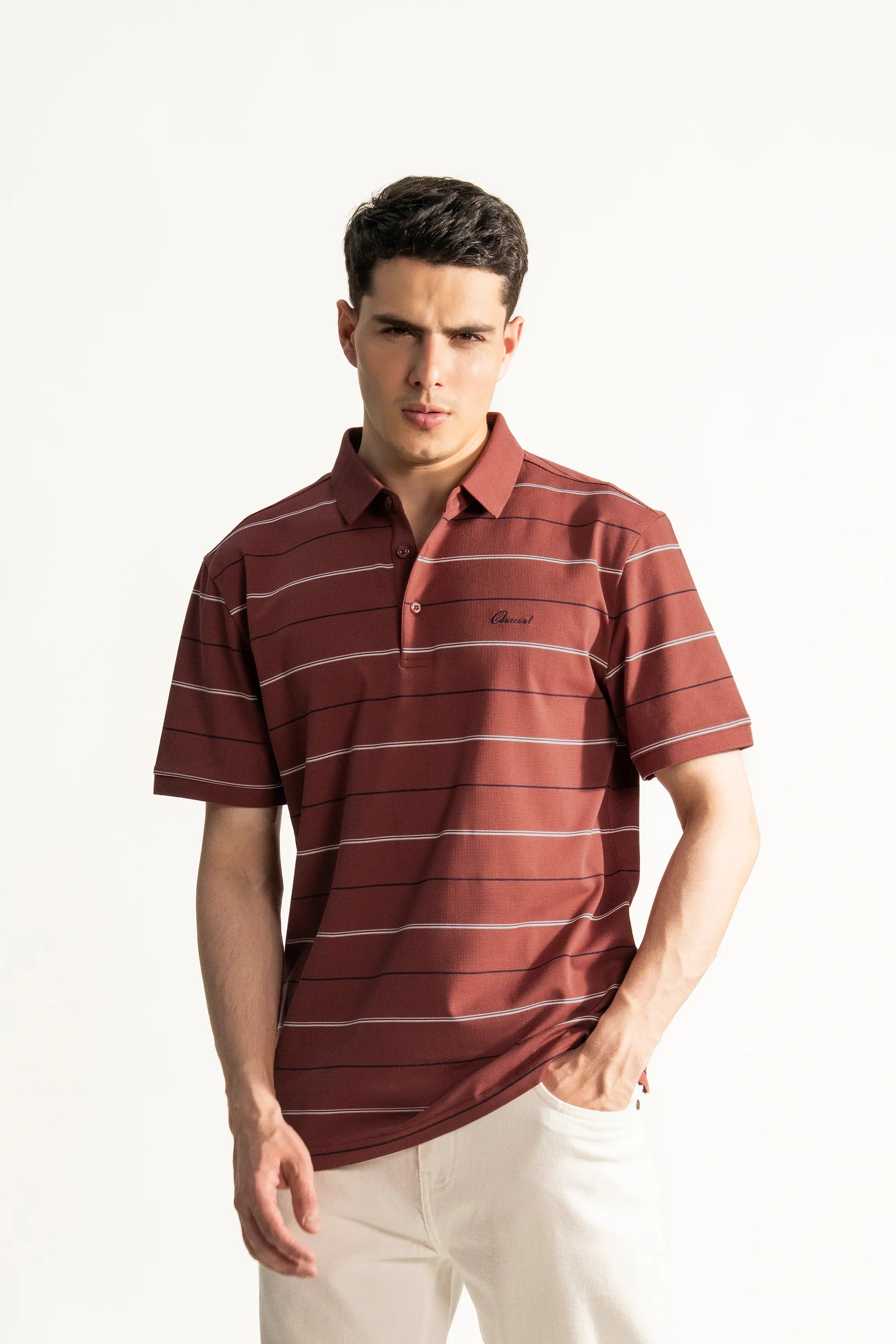SMART FIT CLASSIC PREMIUM STRIPED POLO SHIRT CORAL