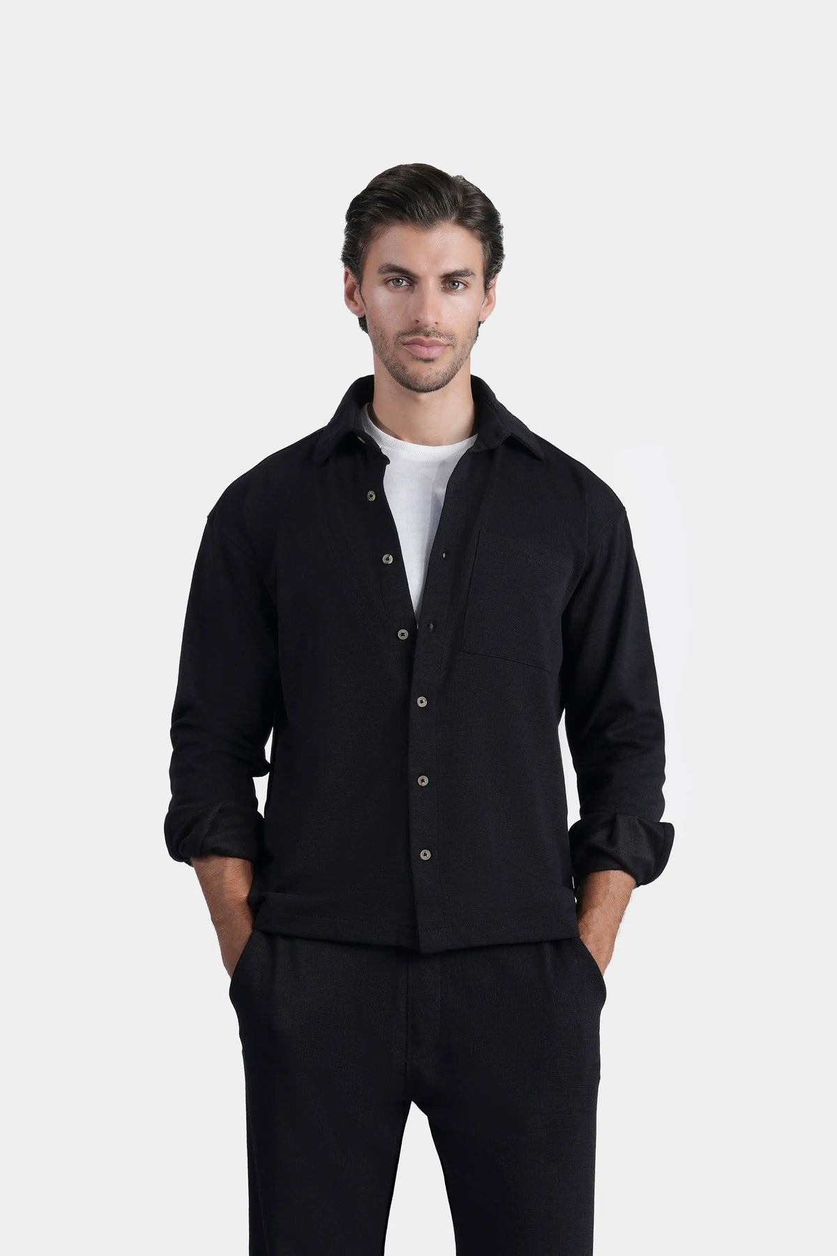 Black self-textured casual button-up shirt with regular collar and chest pocket