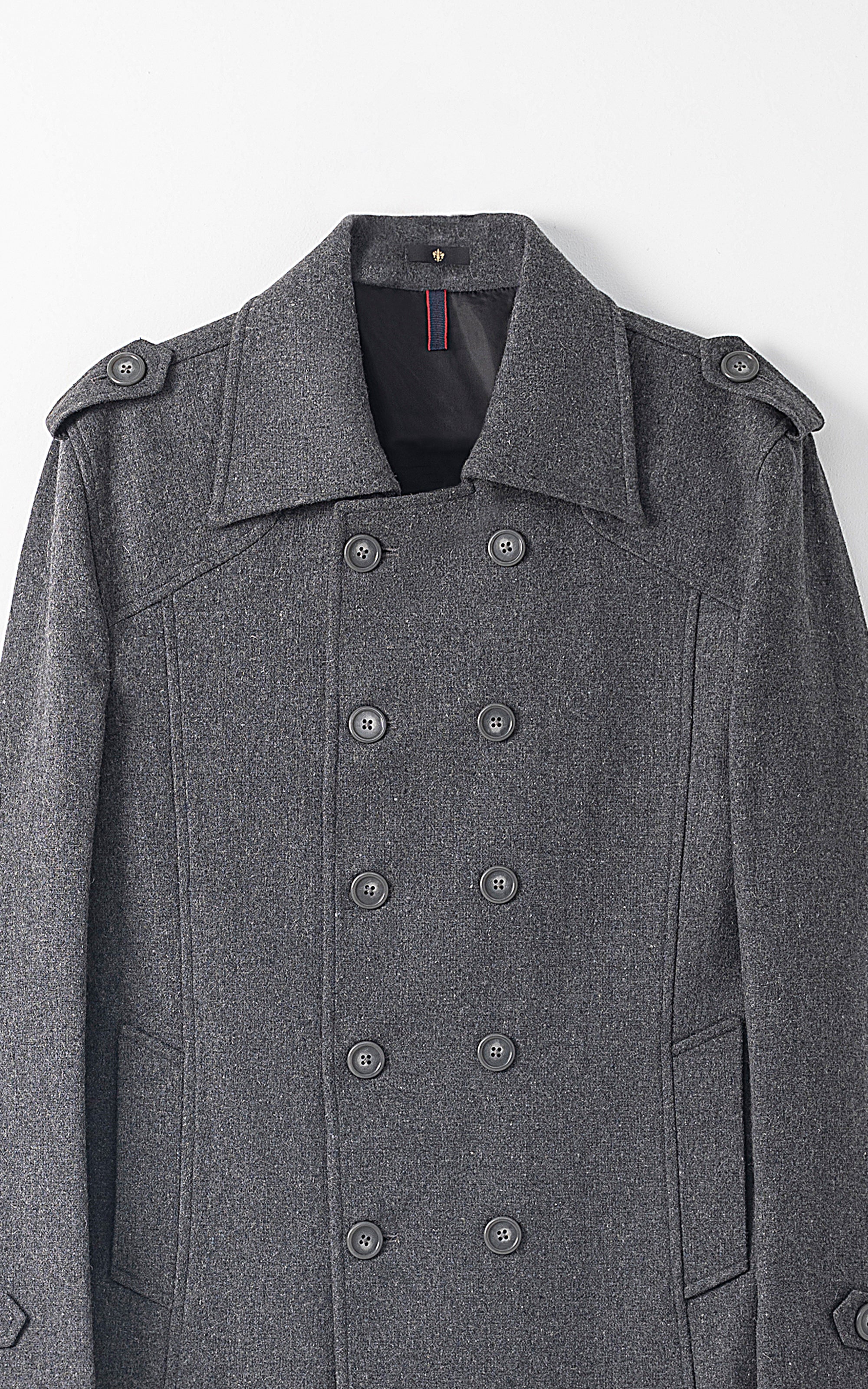 Long coat, dark gray close-up with double-breasted button front and flap pockets